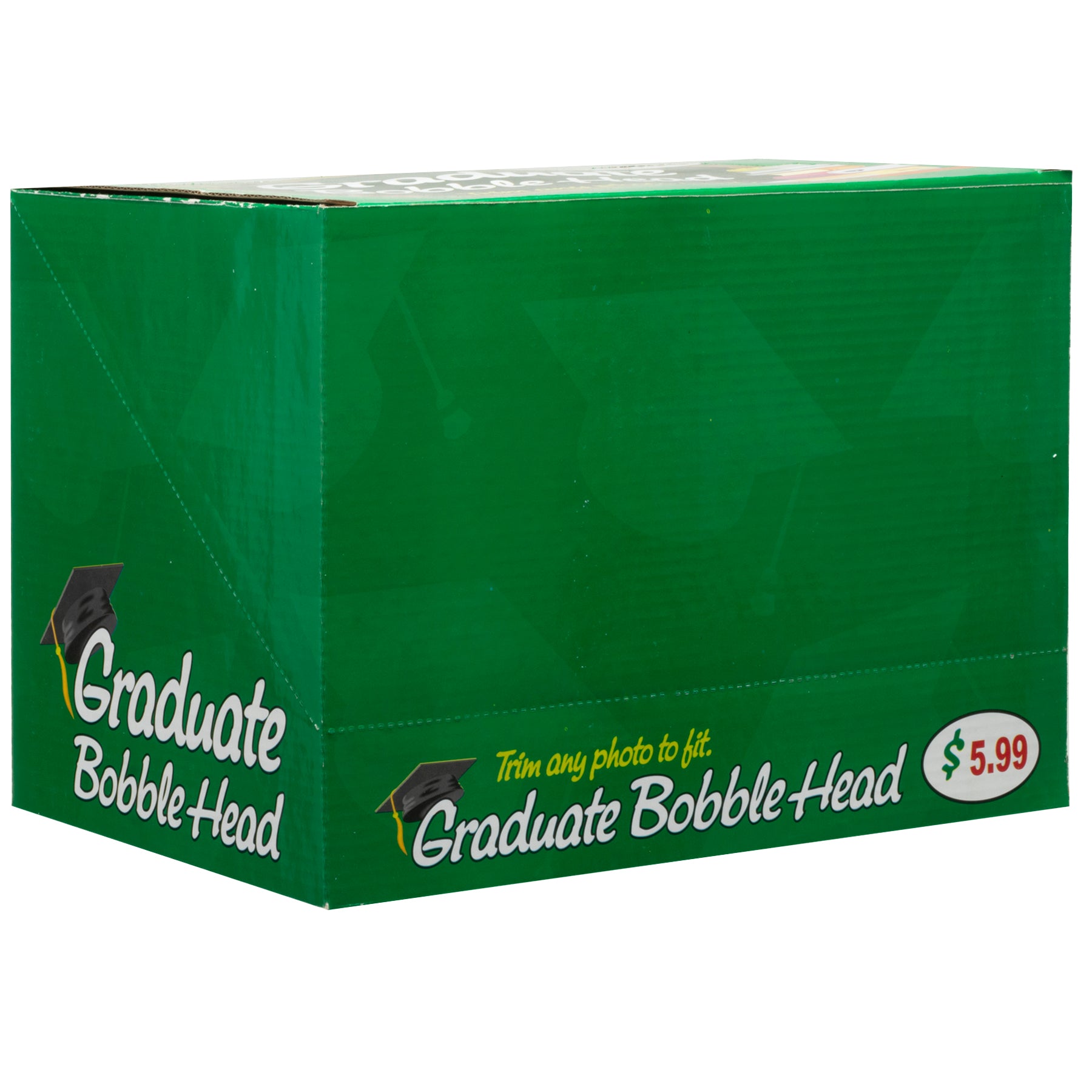 Green boxing holding 6 graduate photo bobble heads.