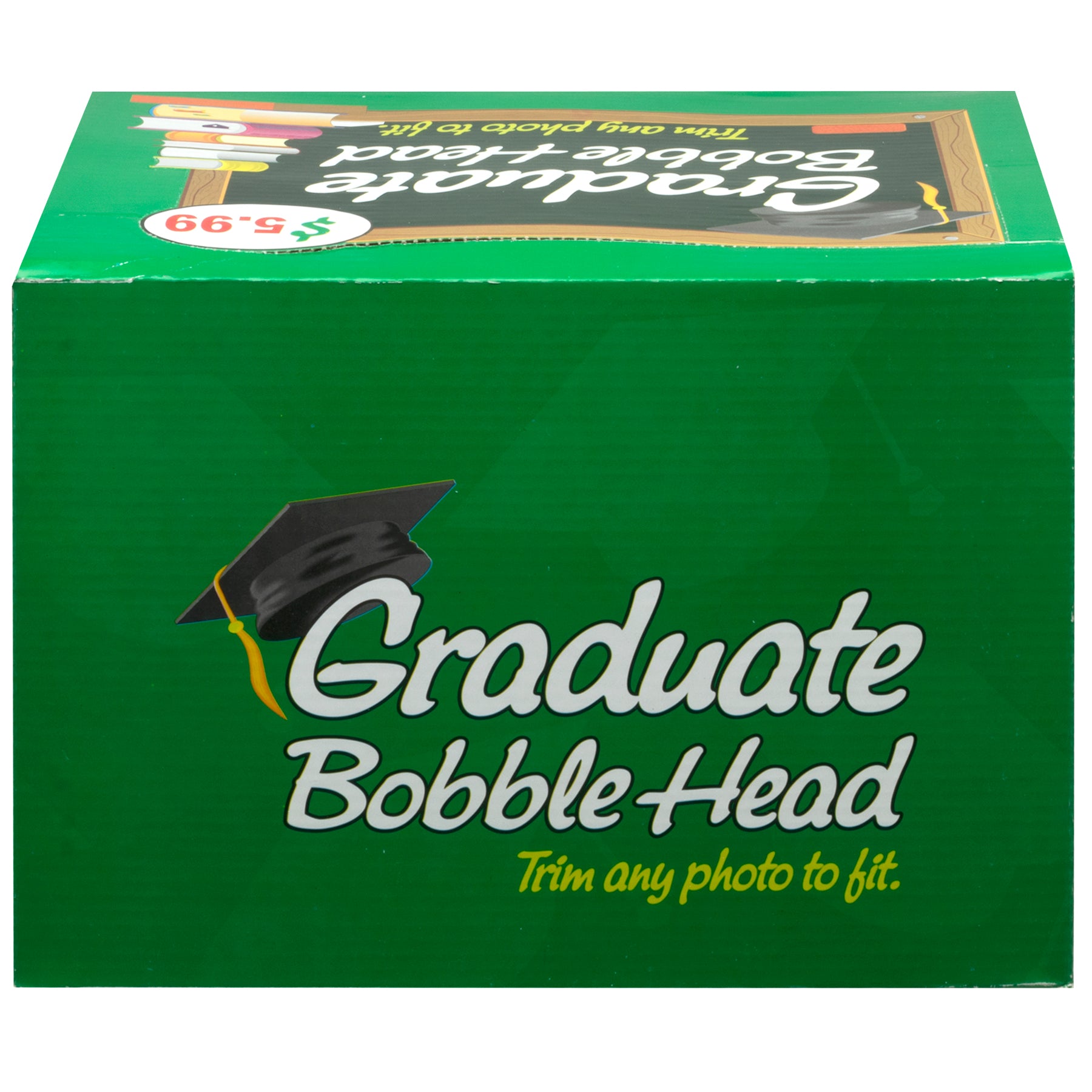Photo of a green box that holds 6 graduate photo bobble heads.