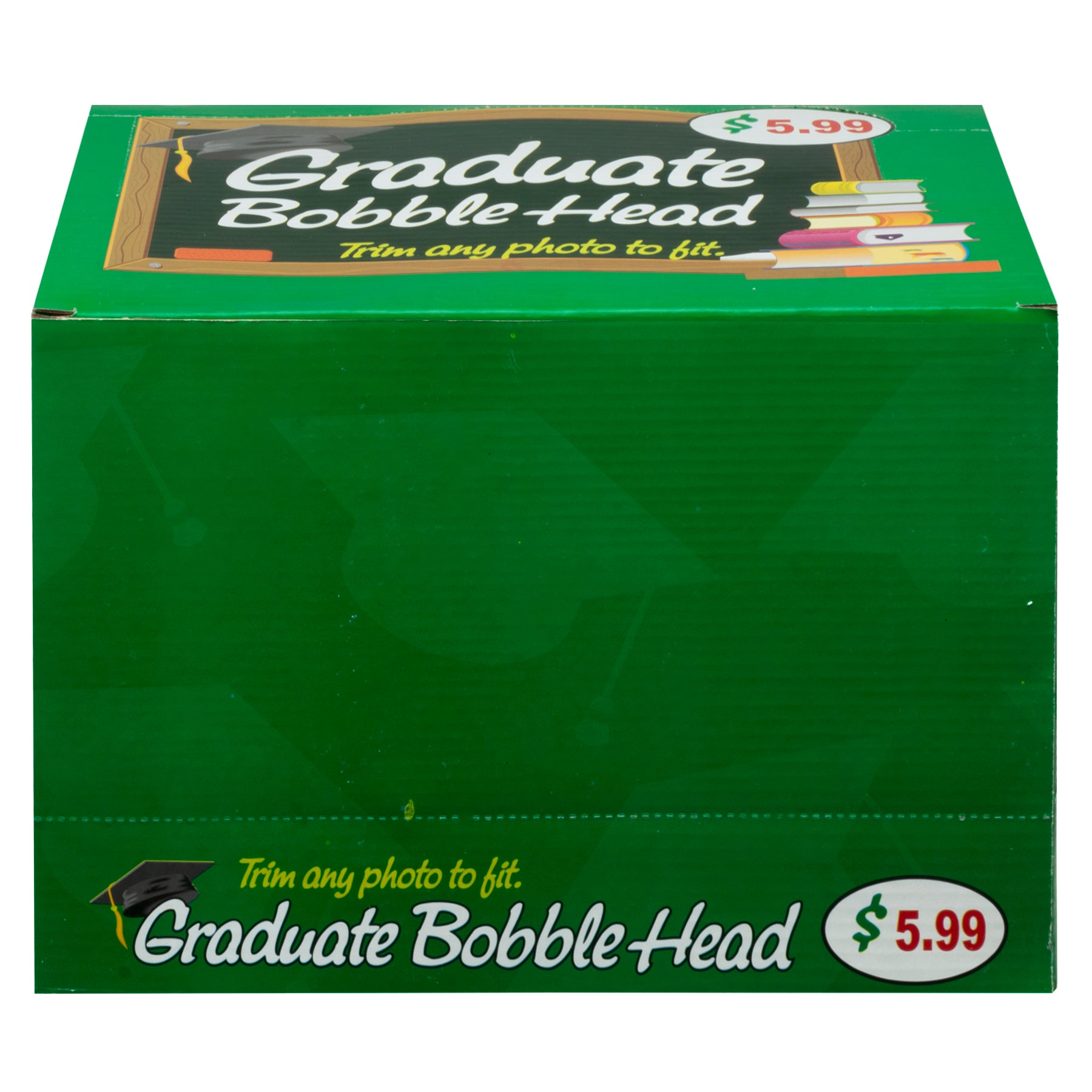 Green box holding 6 graduate photo bobble heads.