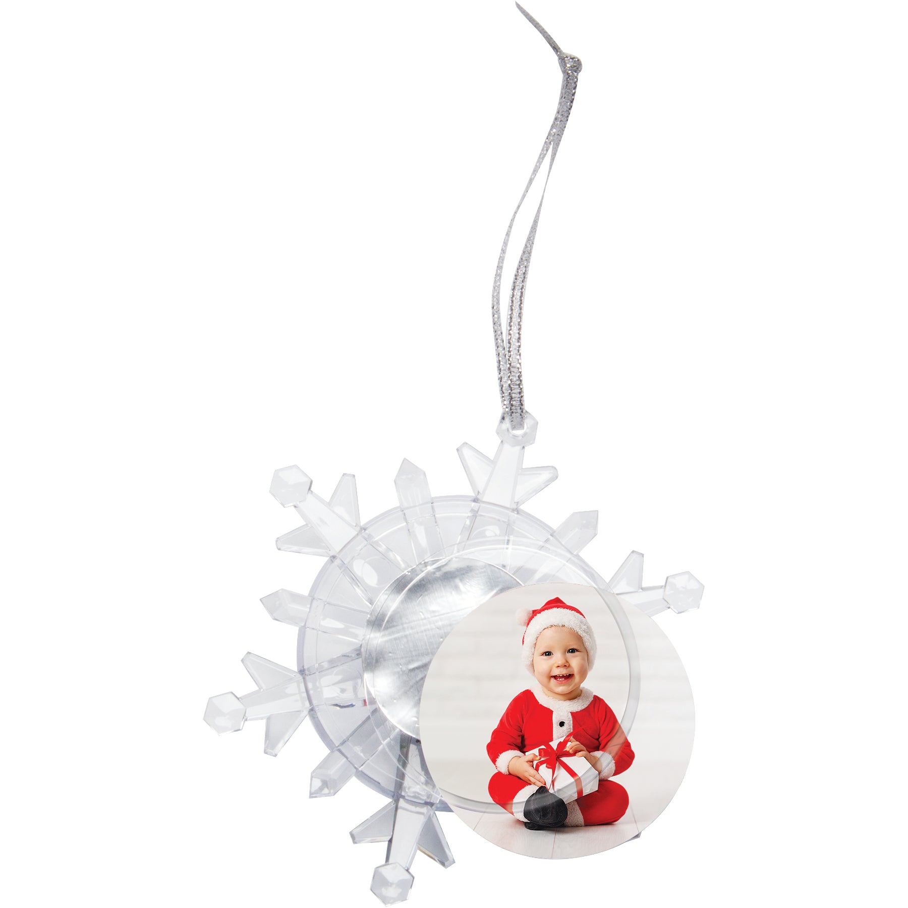 A clear plastic snowflake-shaped photo ornament with a beveled edge, displaying a photo that is half our of the ornament so showcase how to insert your image.