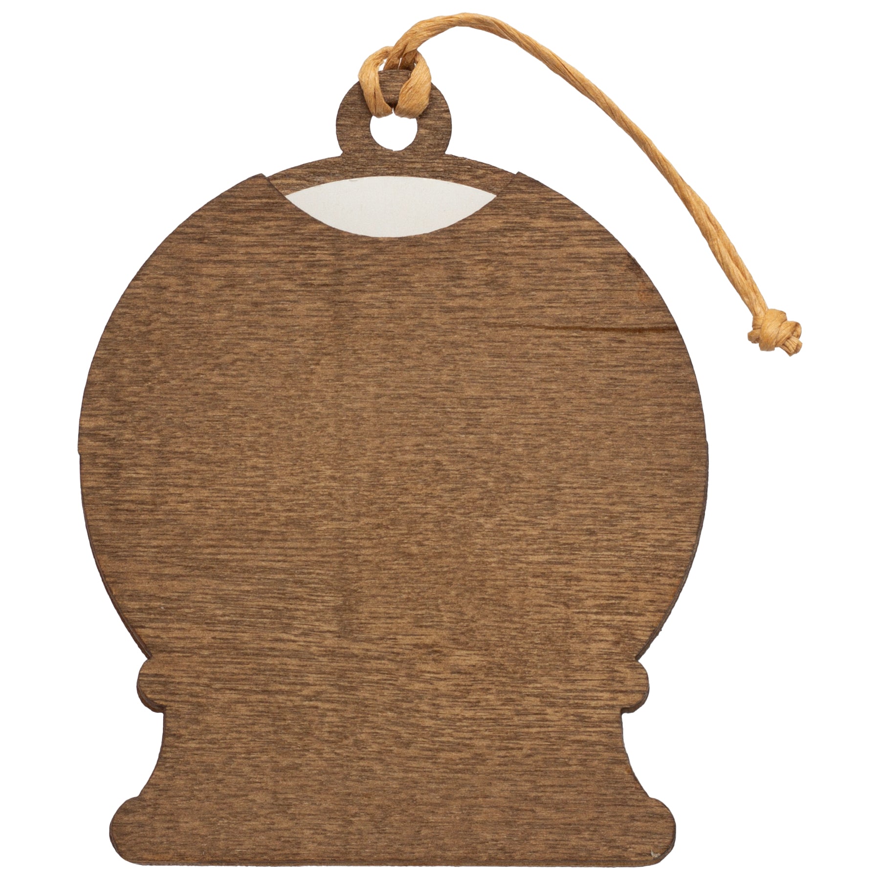 The back side of a wooden snow globe-shaped photo ornament.
