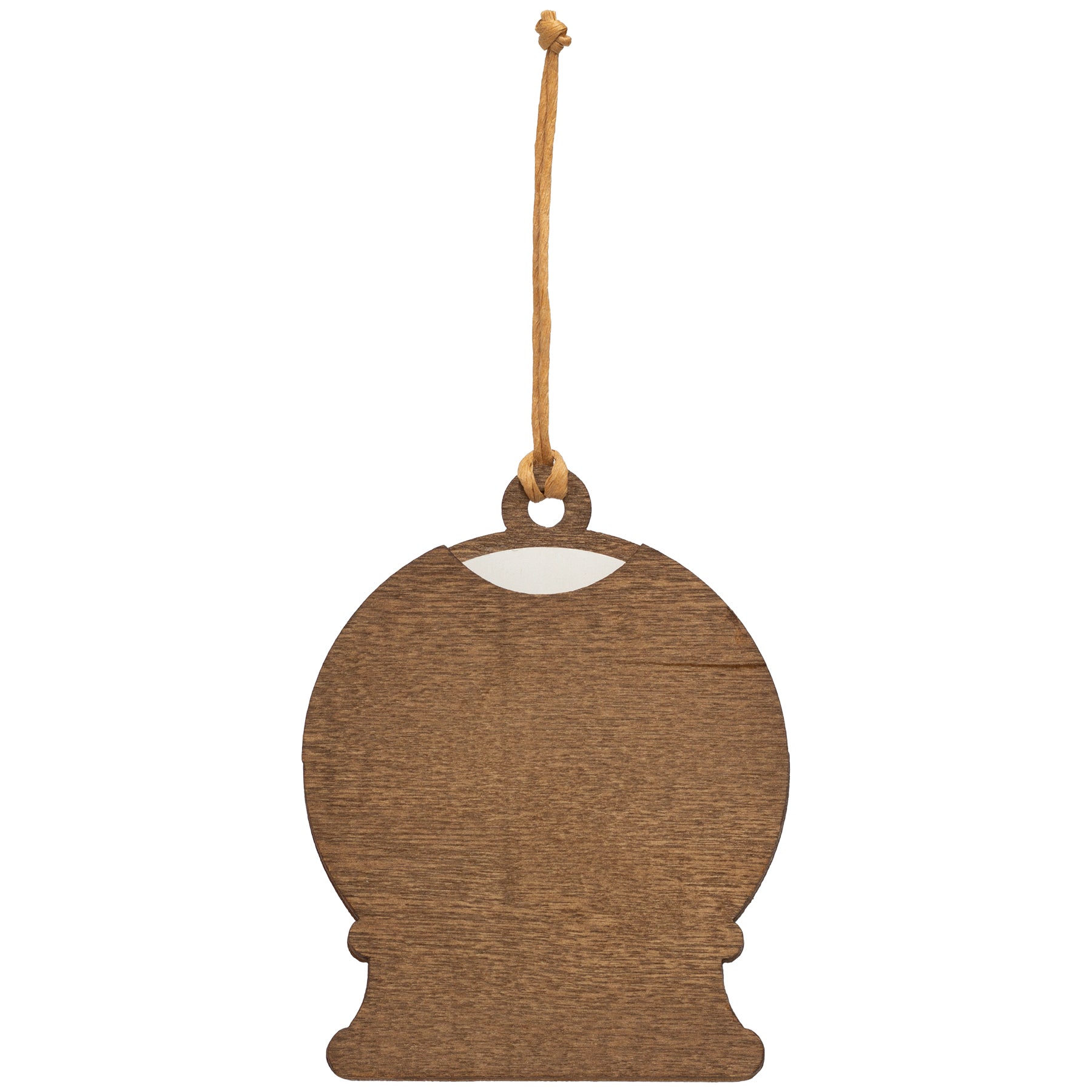 The back side of a wooden snow globe-shaped photo ornament.