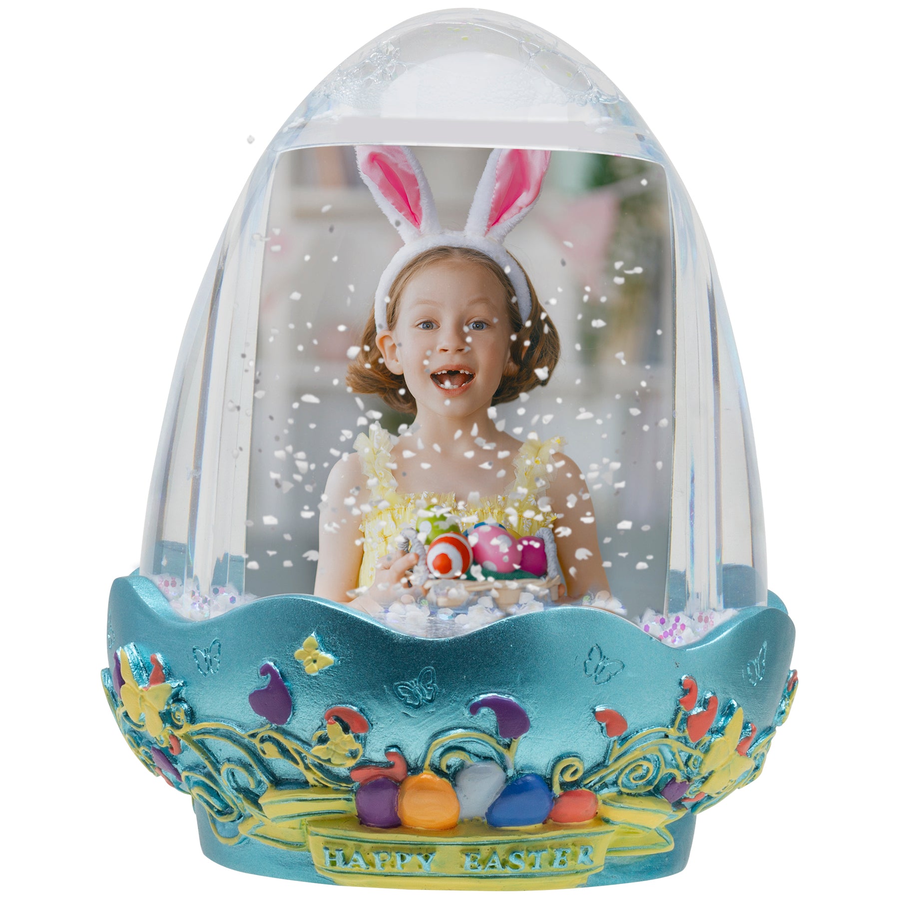Easter Egg Resin Photo Snow Globe with Blue Base