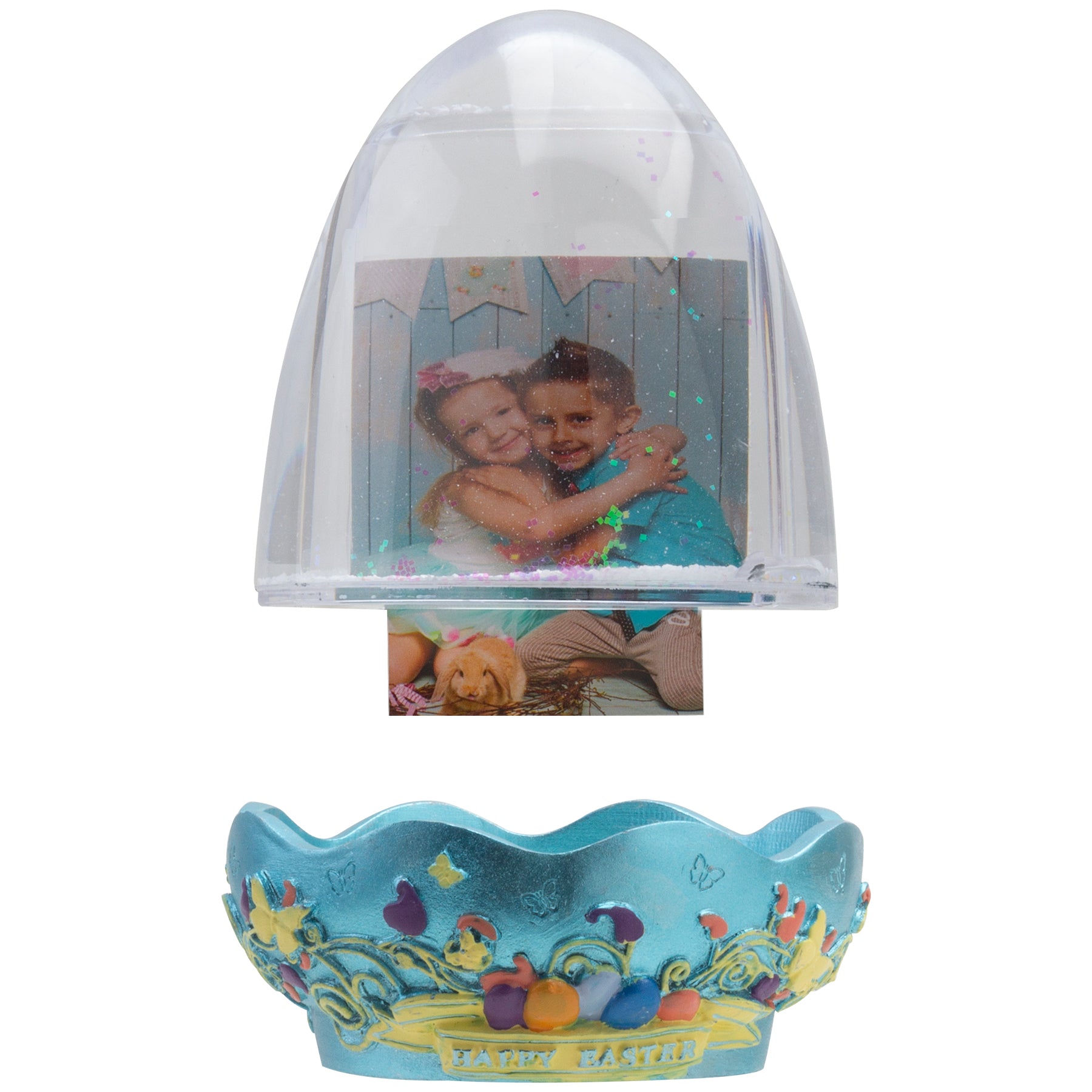 Easter Egg Resin Photo Snow Globe with Blue Base