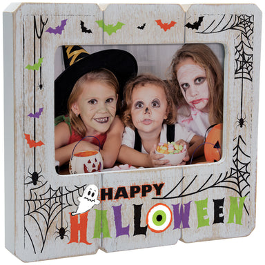 Halloween-themed photo frame with the text "Happy Halloween" and a children's photo inside