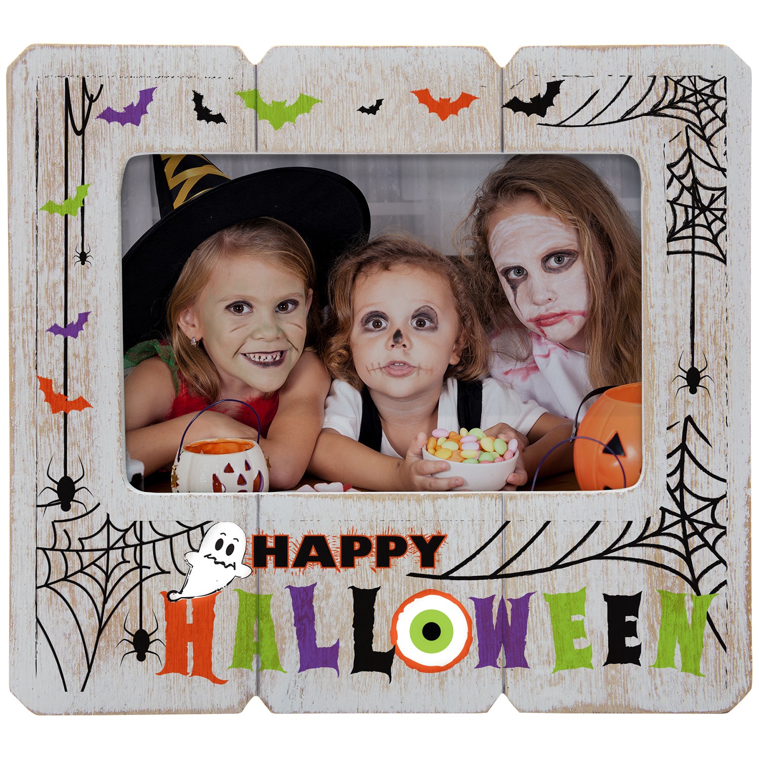 Halloween-themed photo frame with decorative elements and a photo of children in costumes.