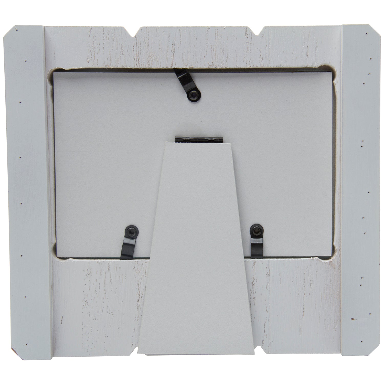 Back of a white frame showing the easel used for tabletop display