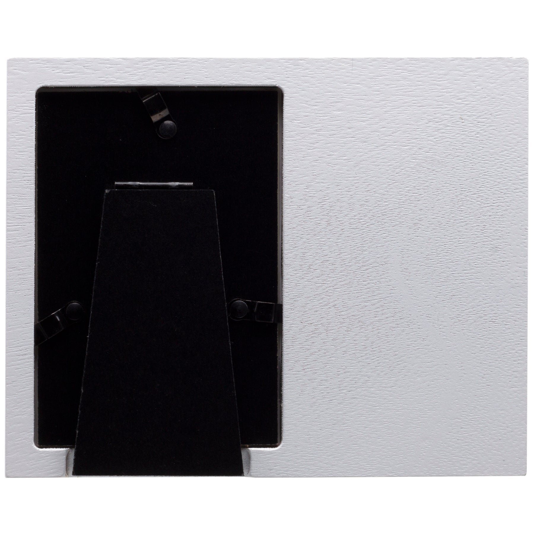 Back side of a white wood picture frame showing the black easel used for tabletop display.