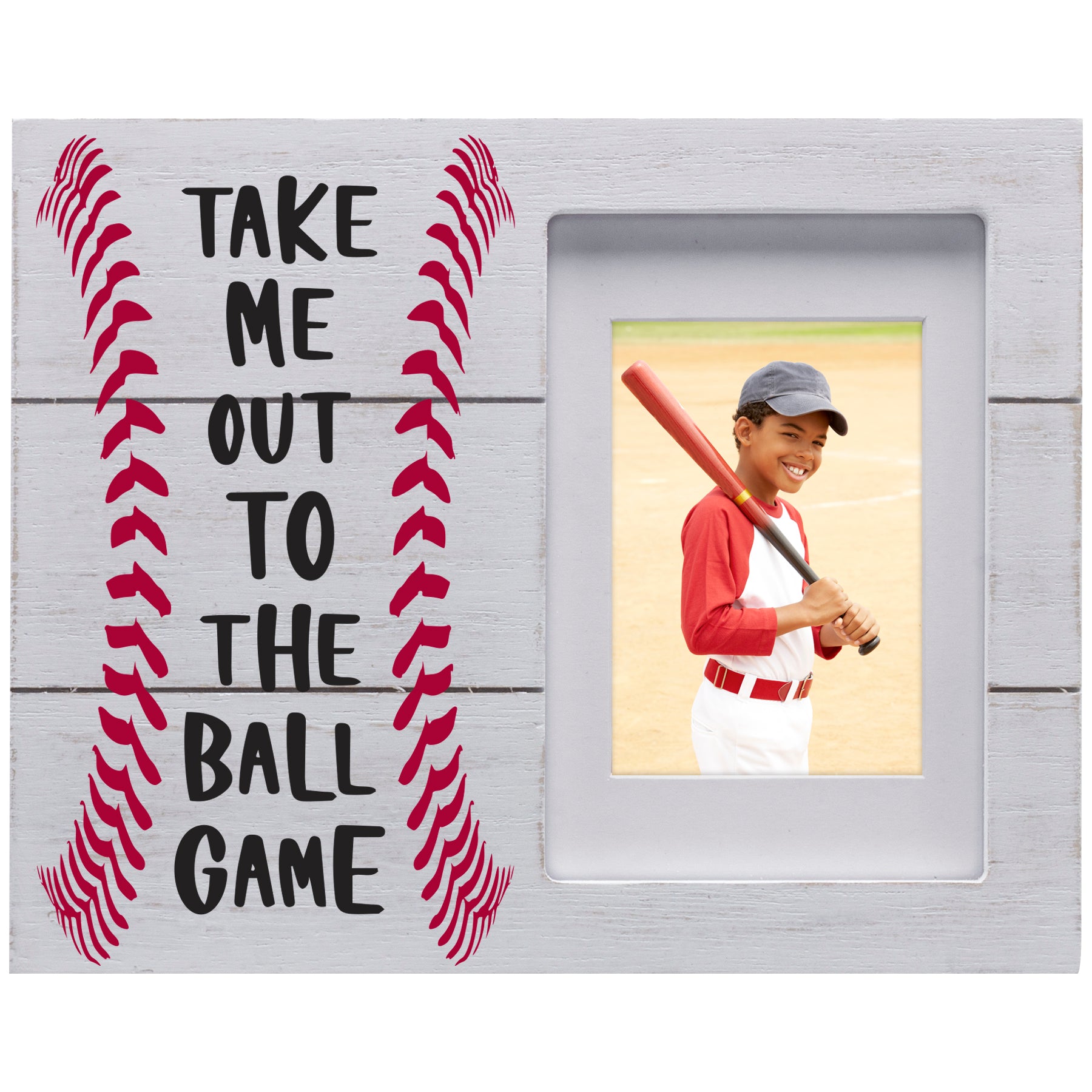 White wooden picture frame with 'Take Me Out to the Ball Game' text and a photo of a child holding a baseball bat on a white background.