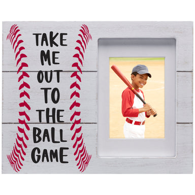White wooden picture frame with 'Take Me Out to the Ball Game' text and a photo of a child holding a baseball bat on a white background.