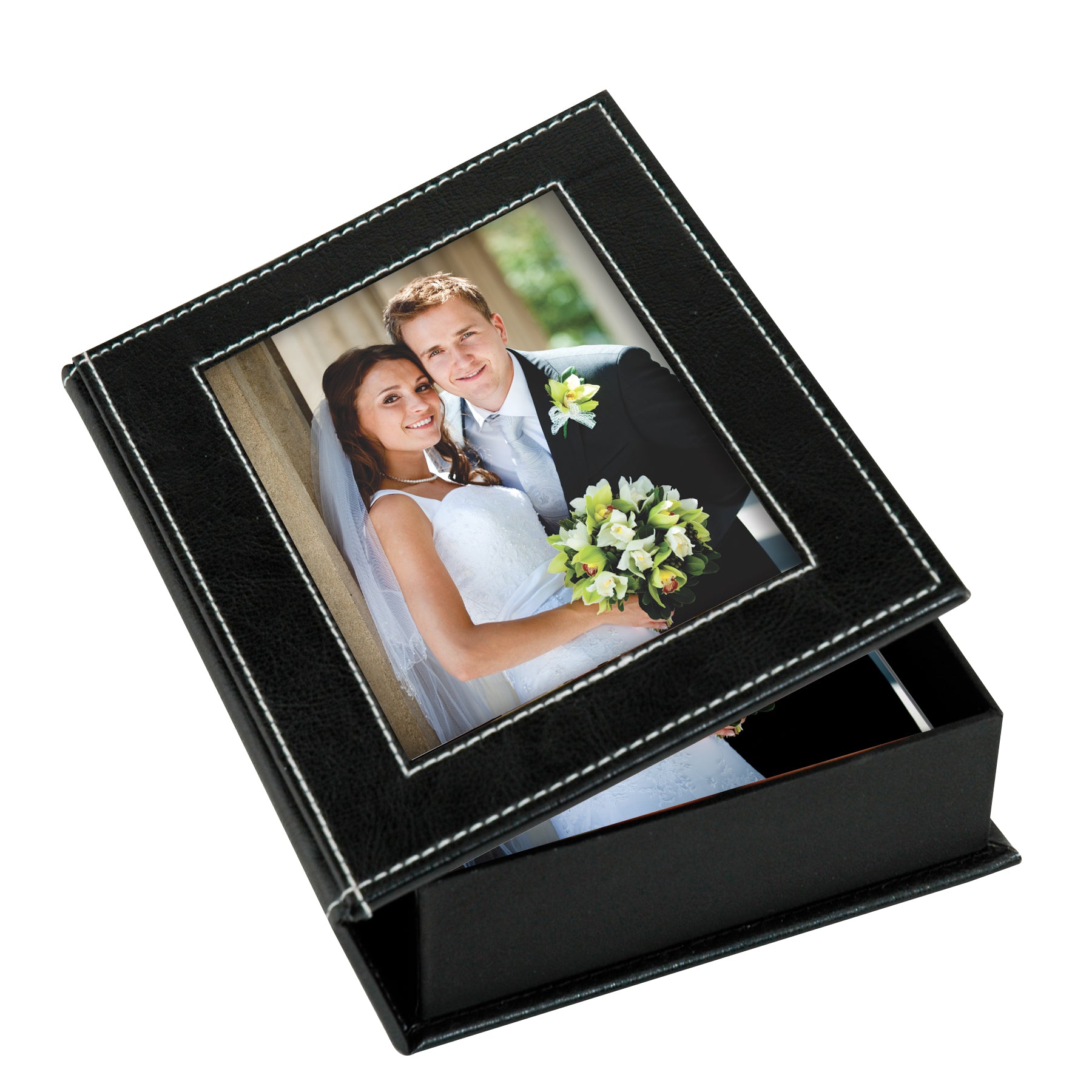 Black Leatherette w/ White Stitch Memory Photo Box