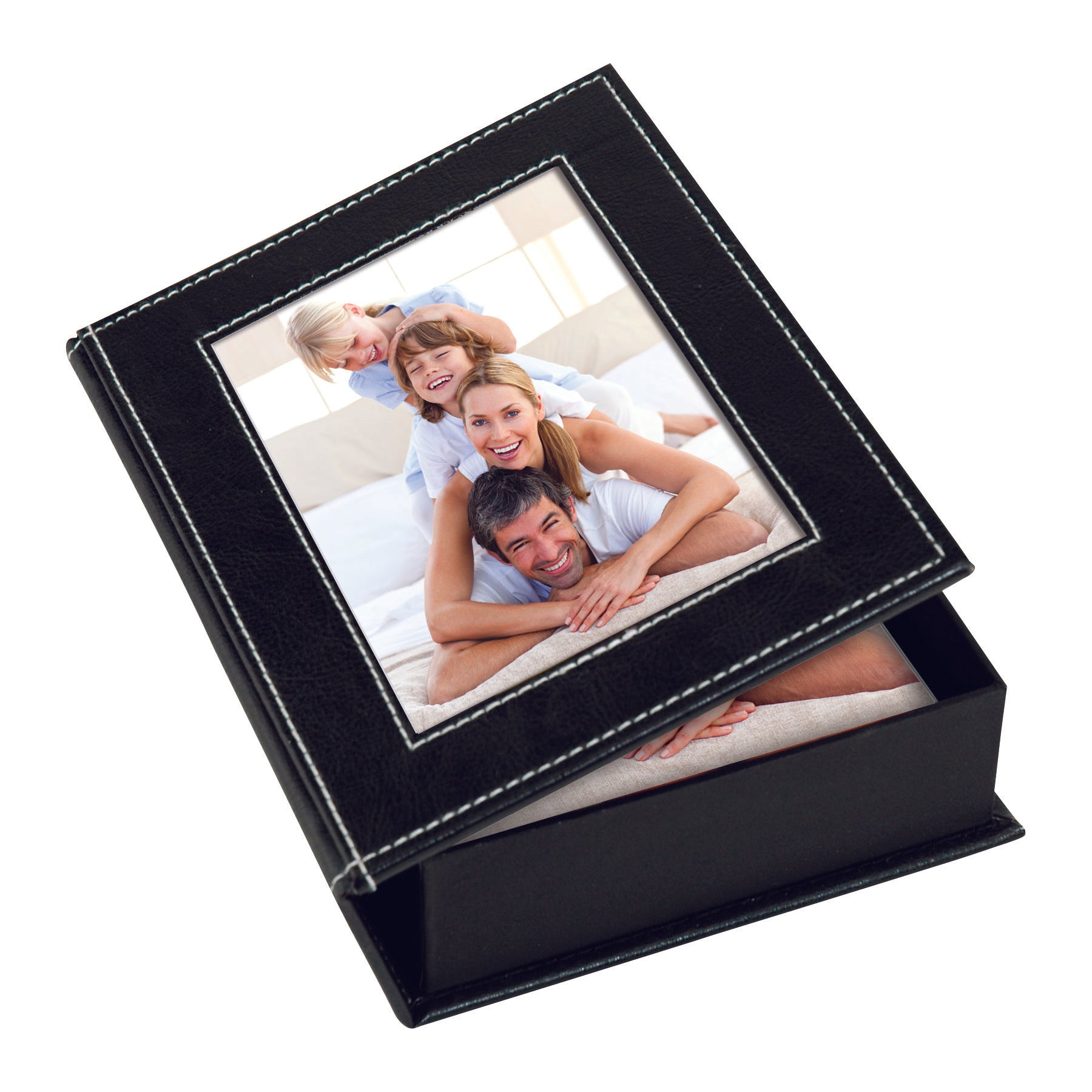 Black Leatherette w/ White Stitch Memory Photo Box