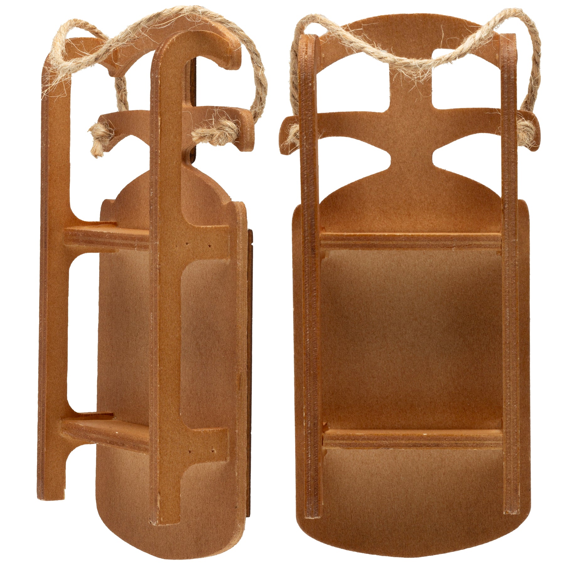 A back and side view of a wooden sled-shaped photo ornament with a loop of twine used to hang the ornament on a Christmas tree.