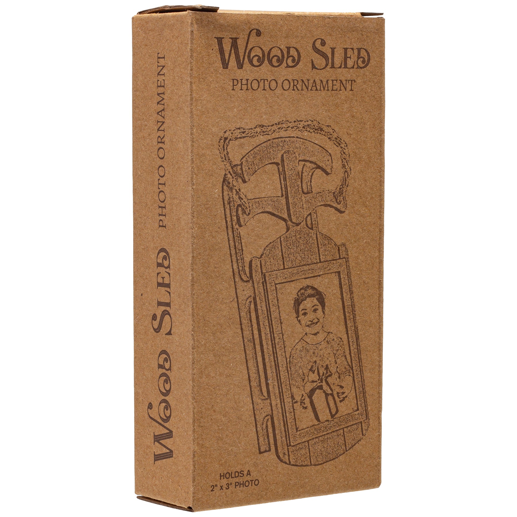 A wooden sled-shaped photo ornament  in cardboard packaging.