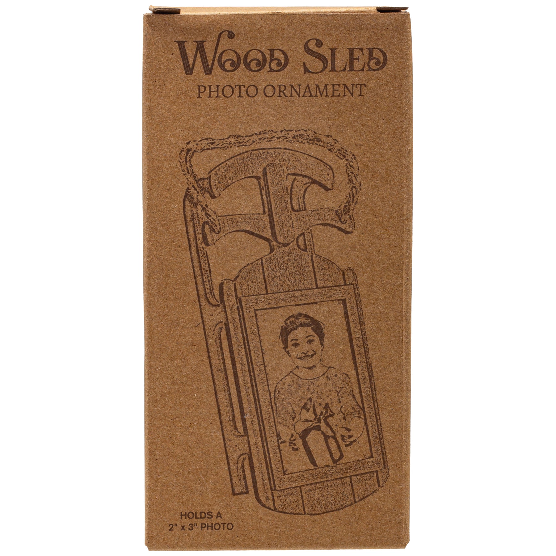 A wooden sled-shaped photo ornament in cardboard packaging.