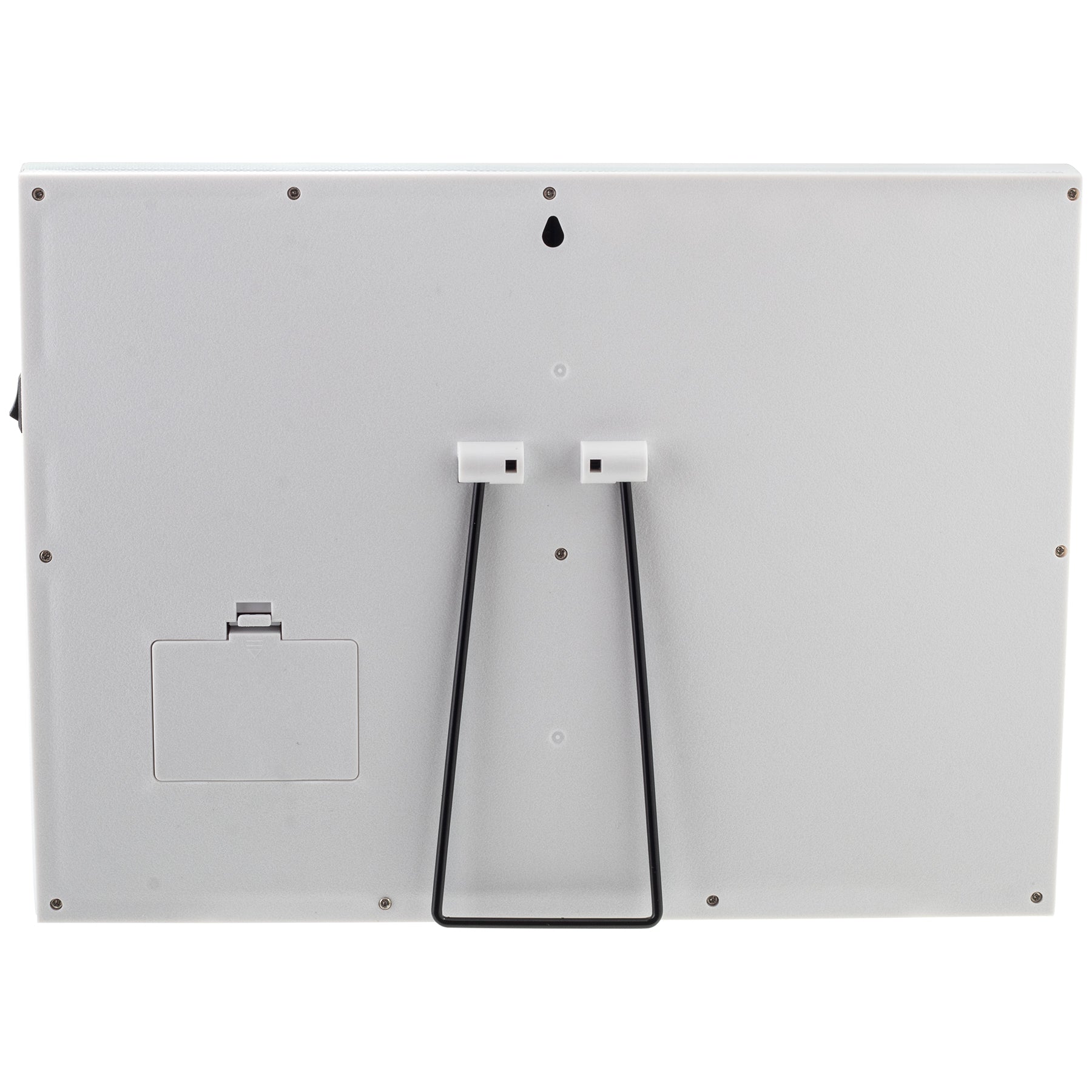 The back side of a picture frame showing the black easel used for tabletop display, and a small hole to hang on the wall.  Also shown is a small battery box which allows the frame to light up.