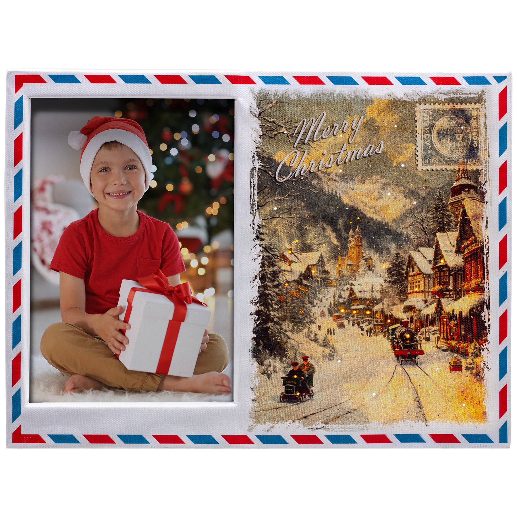 A plastic picture frame designed to resemble a postcard, with a vintage Christmas-themed image on the right and a space for a photo on the left. The frame features mini fiber optic lights to mimic snow and stars.