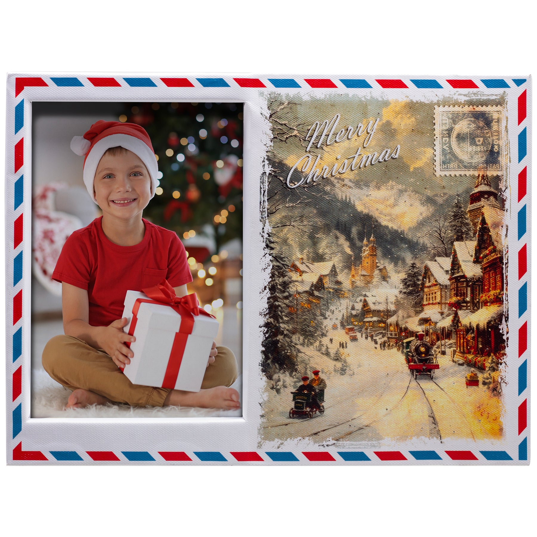 A plastic picture frame designed to resemble a postcard, with a vintage Christmas-themed image on the right and a space for a photo on the left. The frame features mini fiber optic lights to mimic snow and stars.