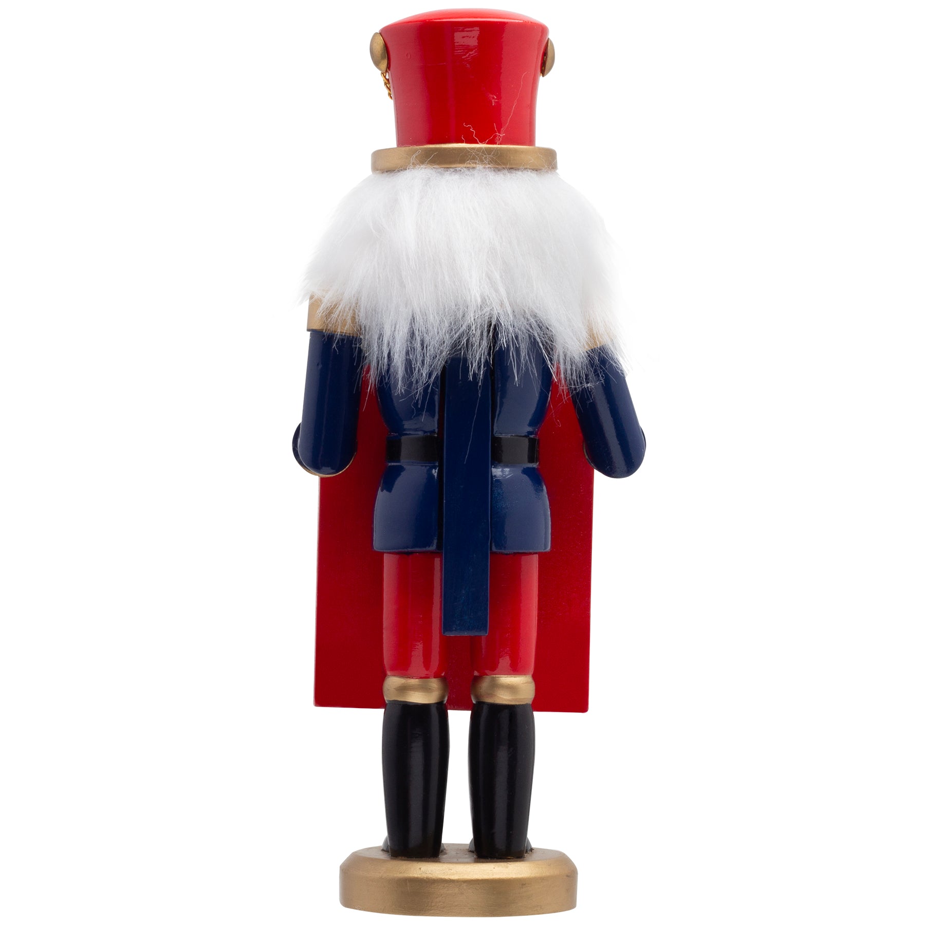 A back side view of a hand-painted mini photo nutcracker with a gold base, dressed in a navy blue coat with gold accents, red pants, and black boots, holding a photo frame.