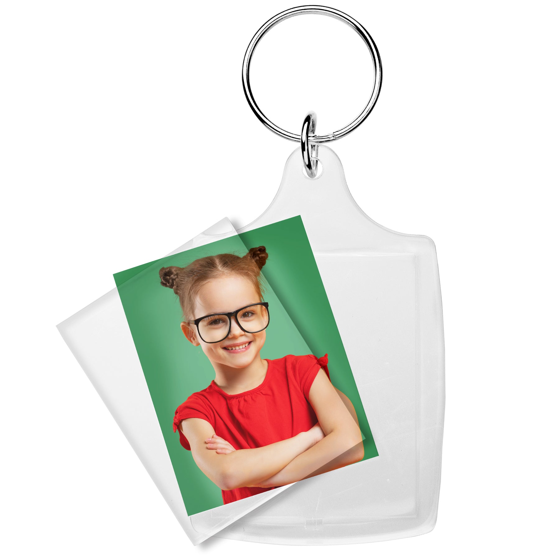 Wholesale plastic photo keychains for school portrait photographers.