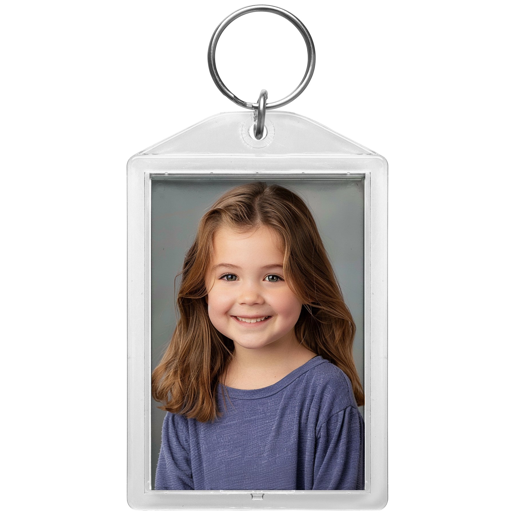 Clear snap in photo keytag for school photos used by professional photographers.