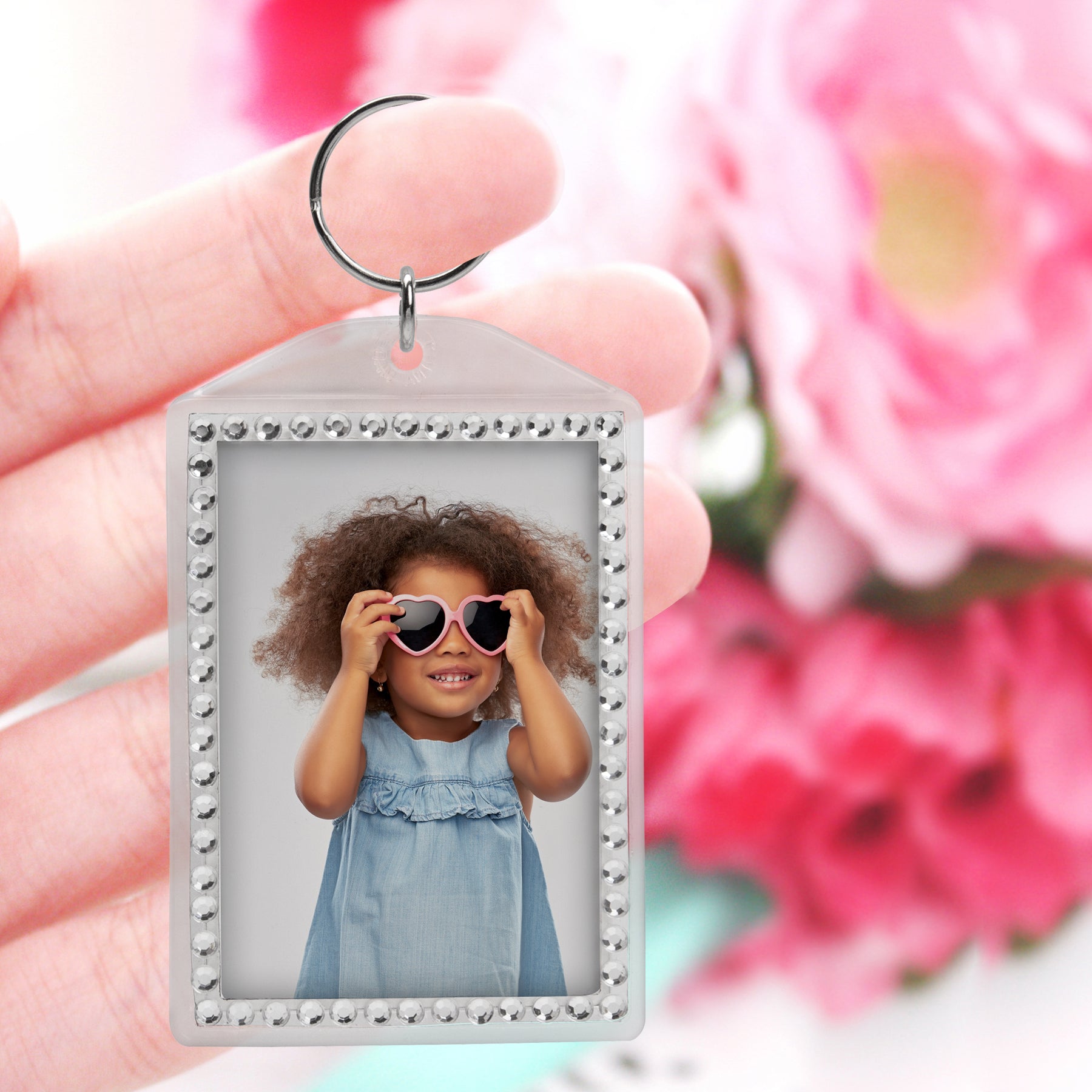 Llavero a presión con foto de diamantes de imitación
