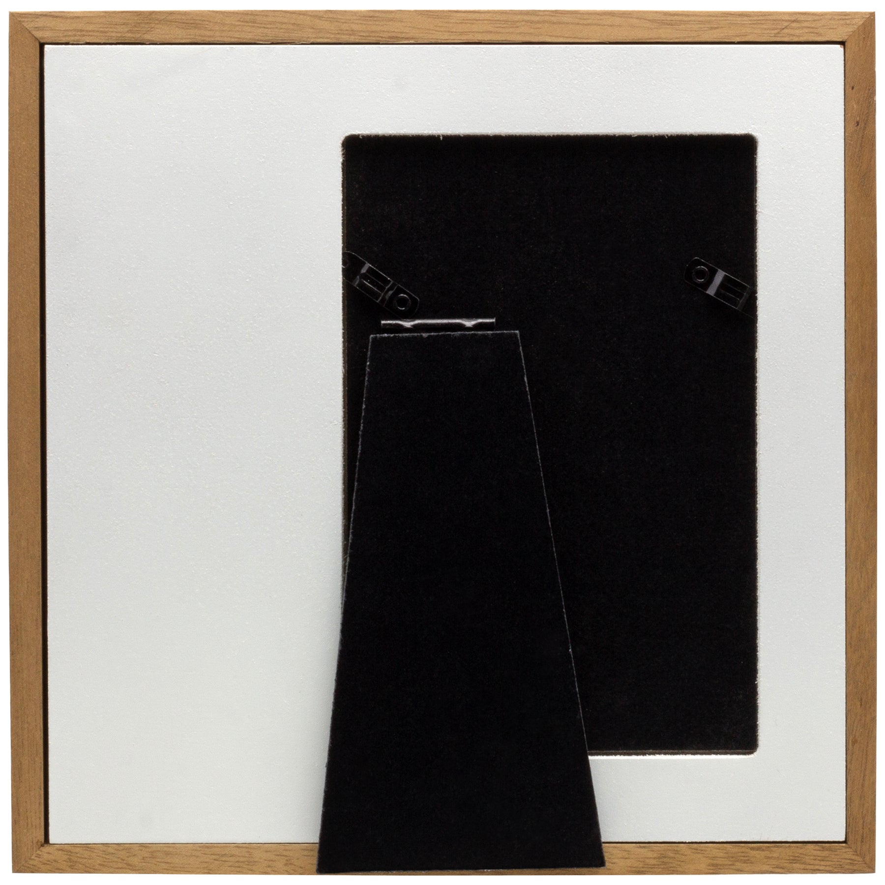 The backside of a brown wood picture frame with a black easel for tabletop display.