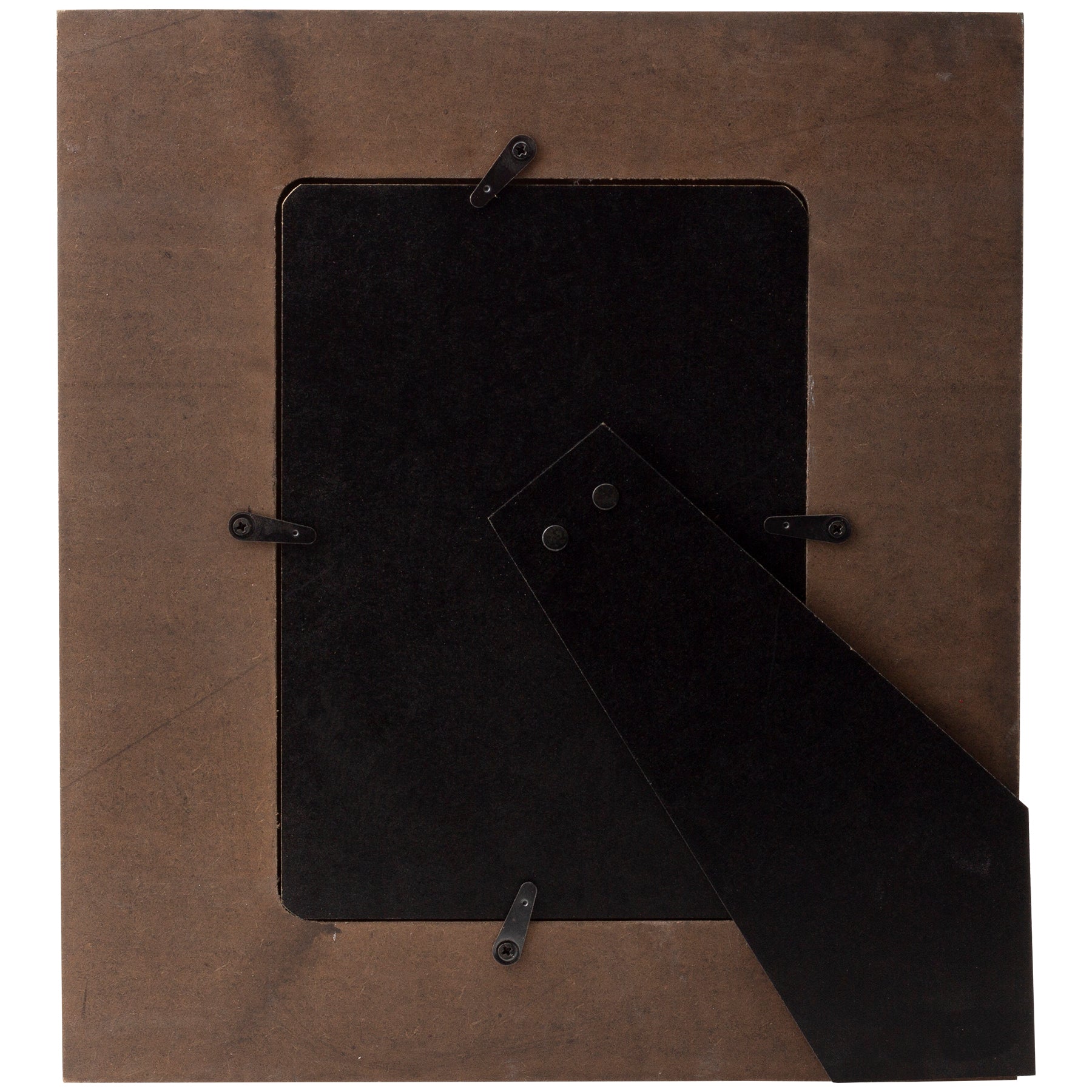 Photo showing the back side of a picture frame with a black easel for tabletop display.