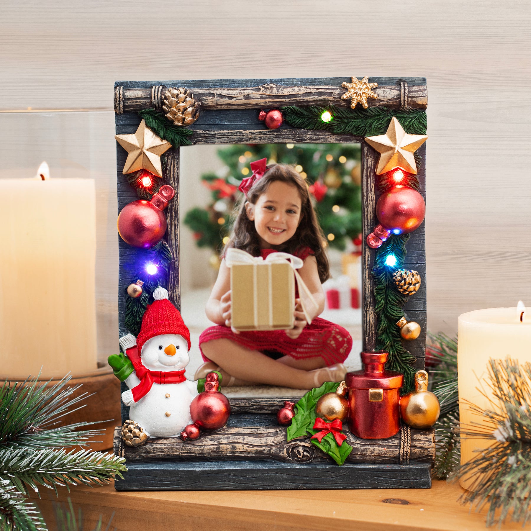 Festive wholesale holiday picture frame used by professional photographers at Santa events.