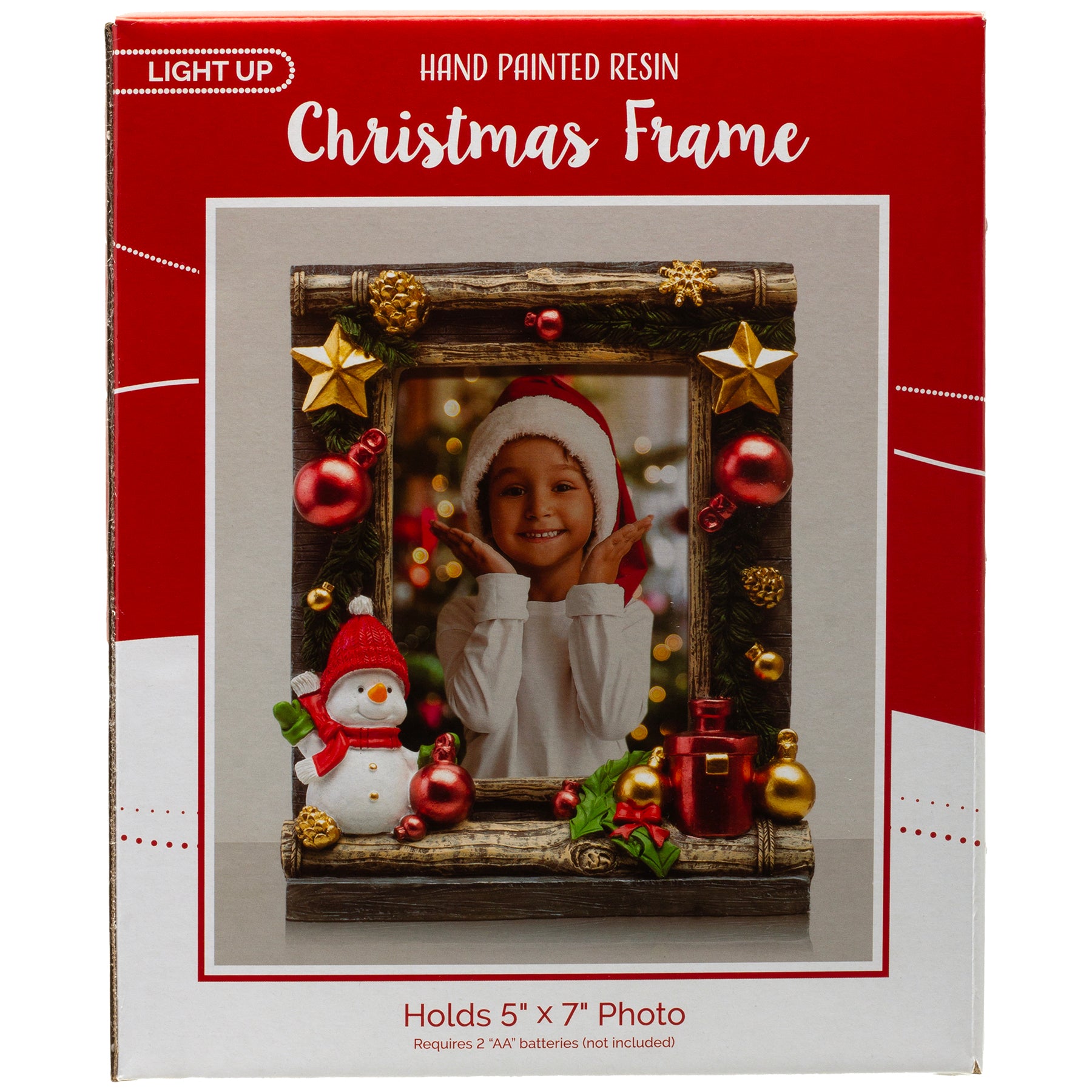 Colorful packaging box for the wholesale holiday picture frame used by professional photographers at Santa events.