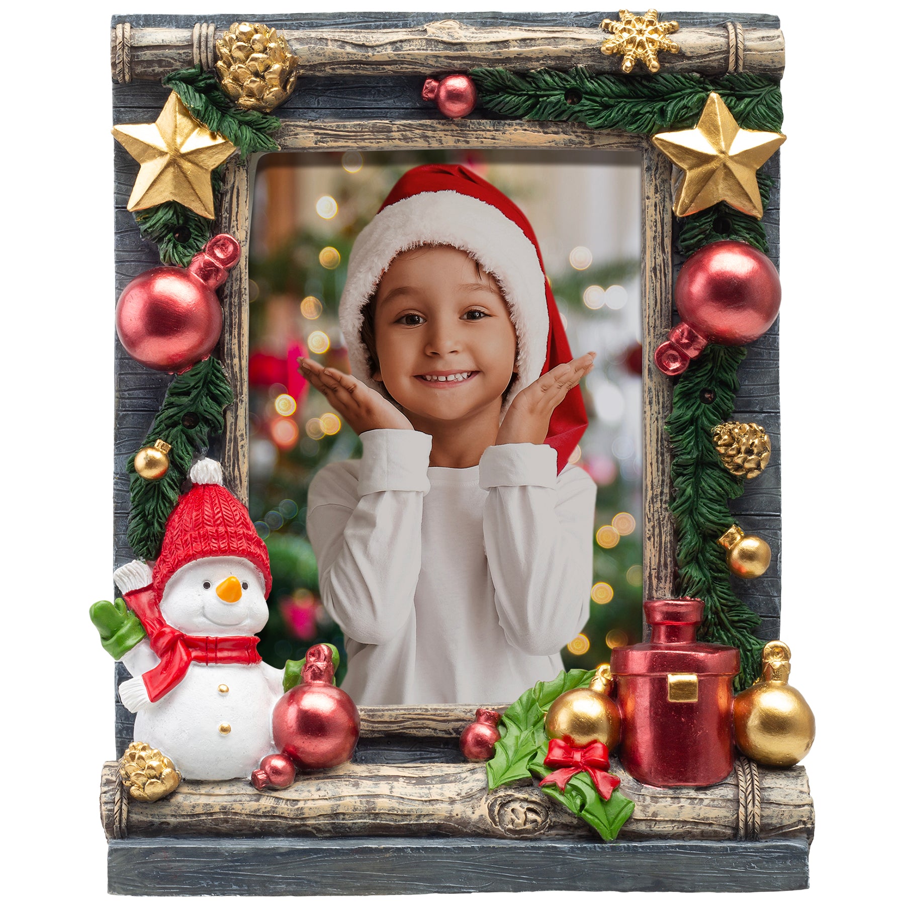 Wholesale holiday picture frame featuring a snowman, ornamental holiday decorations used by special event photographers for Santa events.