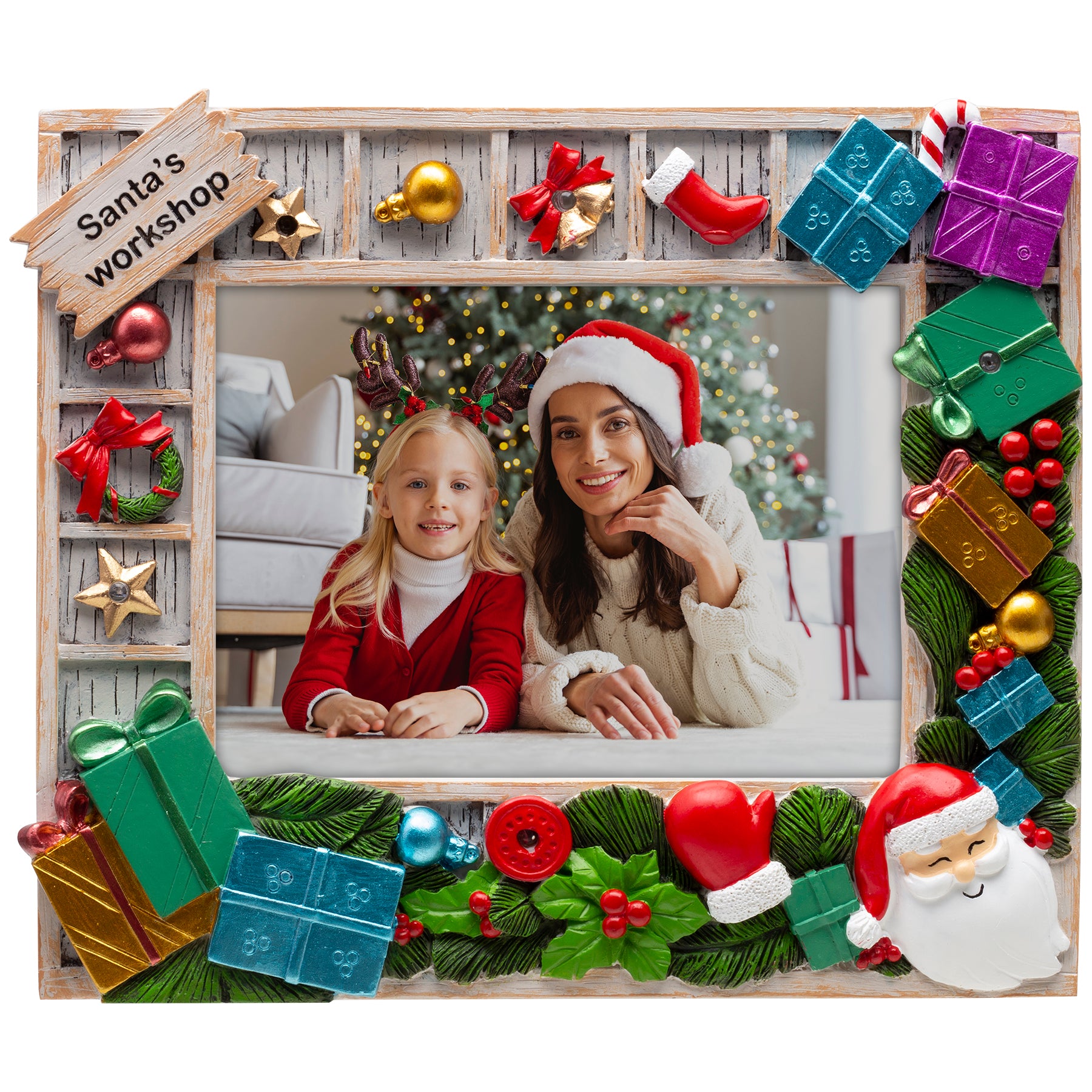 A festive Santa's Workshop resin picture frame with hand-painted details, featuring green garland, mistletoe, wrapped presents, and ornaments. The frame has a light-up border and a switch on the upper right side.