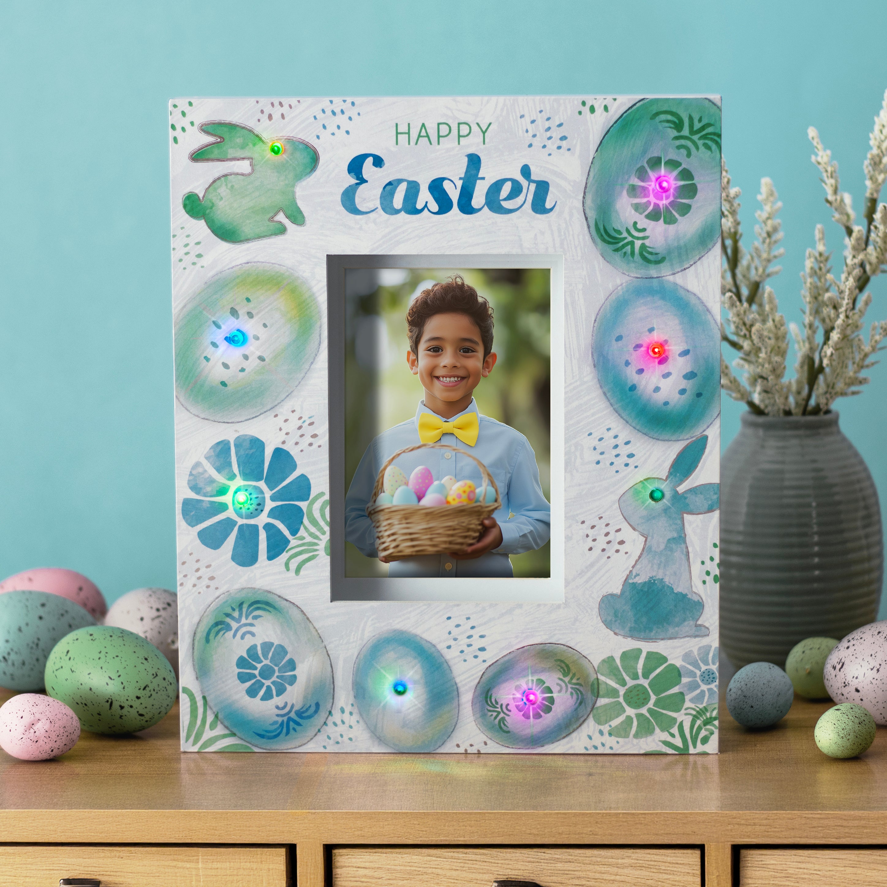 Easter themed picture frame shown in a home setting on a table.