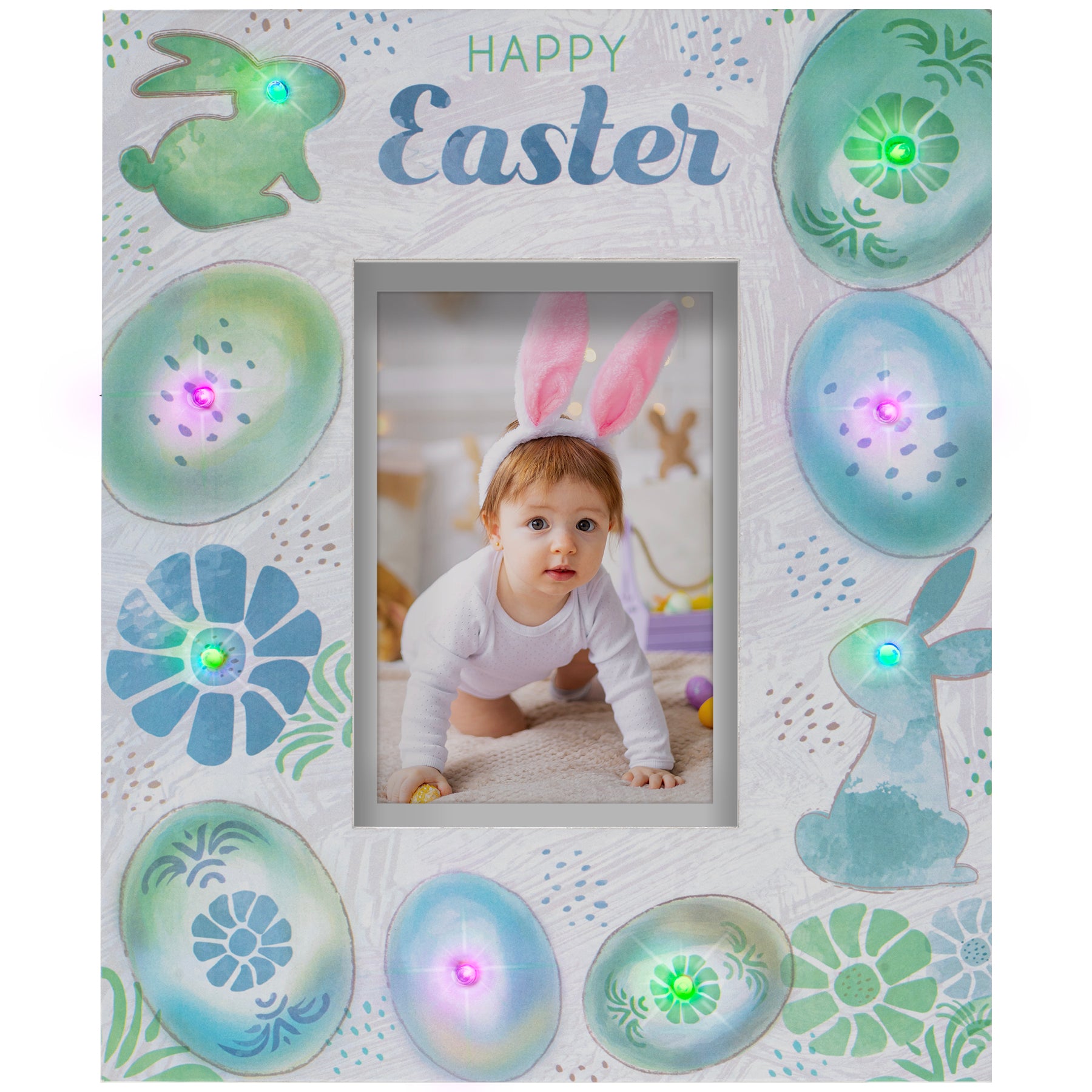 Grayish wood picture frame with Easter themed designs, the text "Happy Easter" at the top, and 8 lit up LED lights.