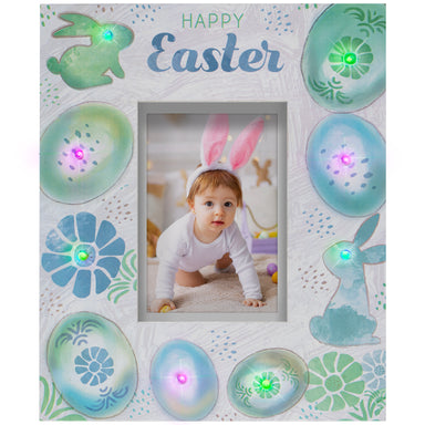 Grayish wood picture frame with Easter themed designs, the text "Happy Easter" at the top, and 8 lit up LED lights.