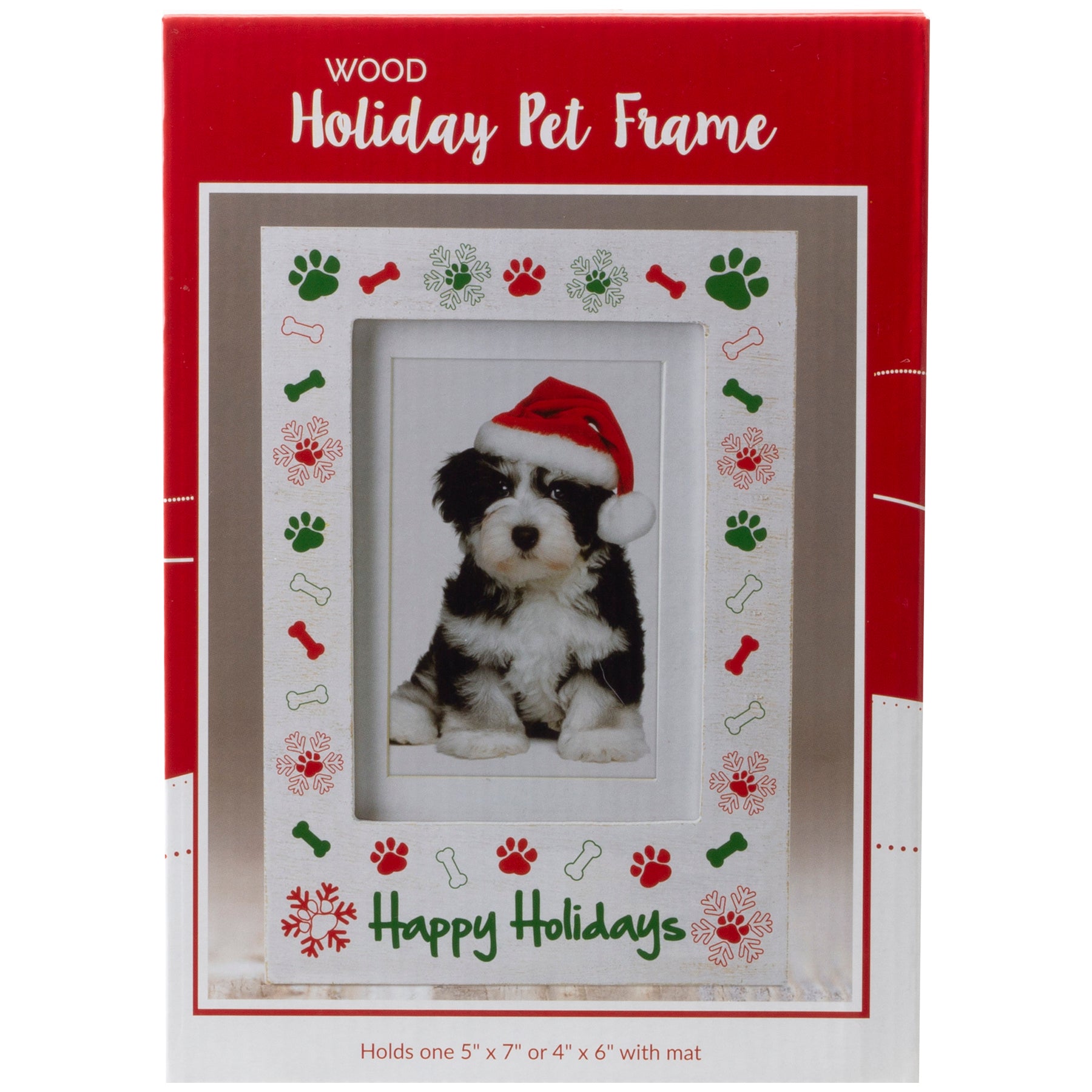 A white wooden picture frame with the phrase "Happy Holidays" at the bottom with a border of paw prints, bones, and snowflakes in full-color retail packaging.