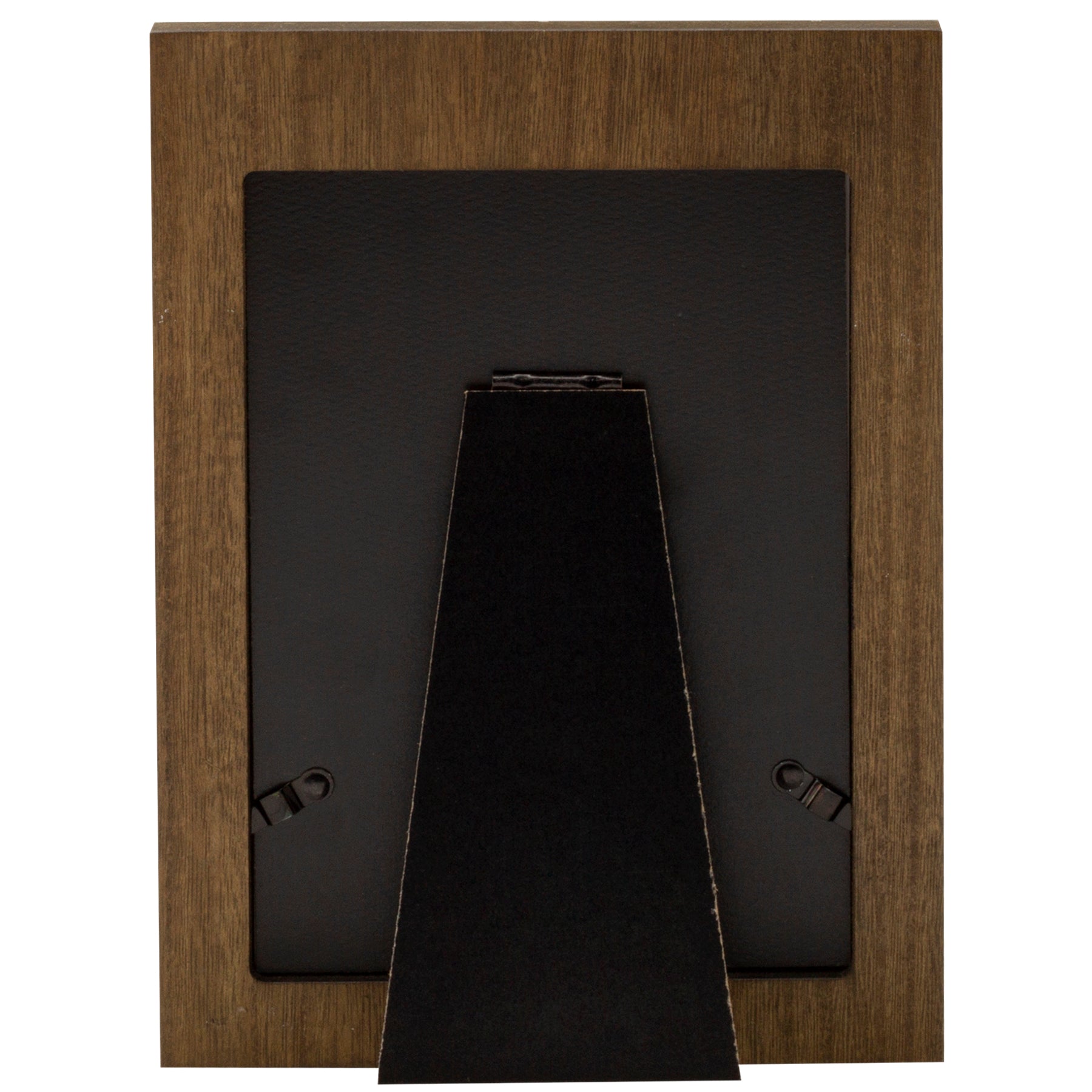 The back side of a wooden picture frame with a shiplap design showing an easel for tabletop display.