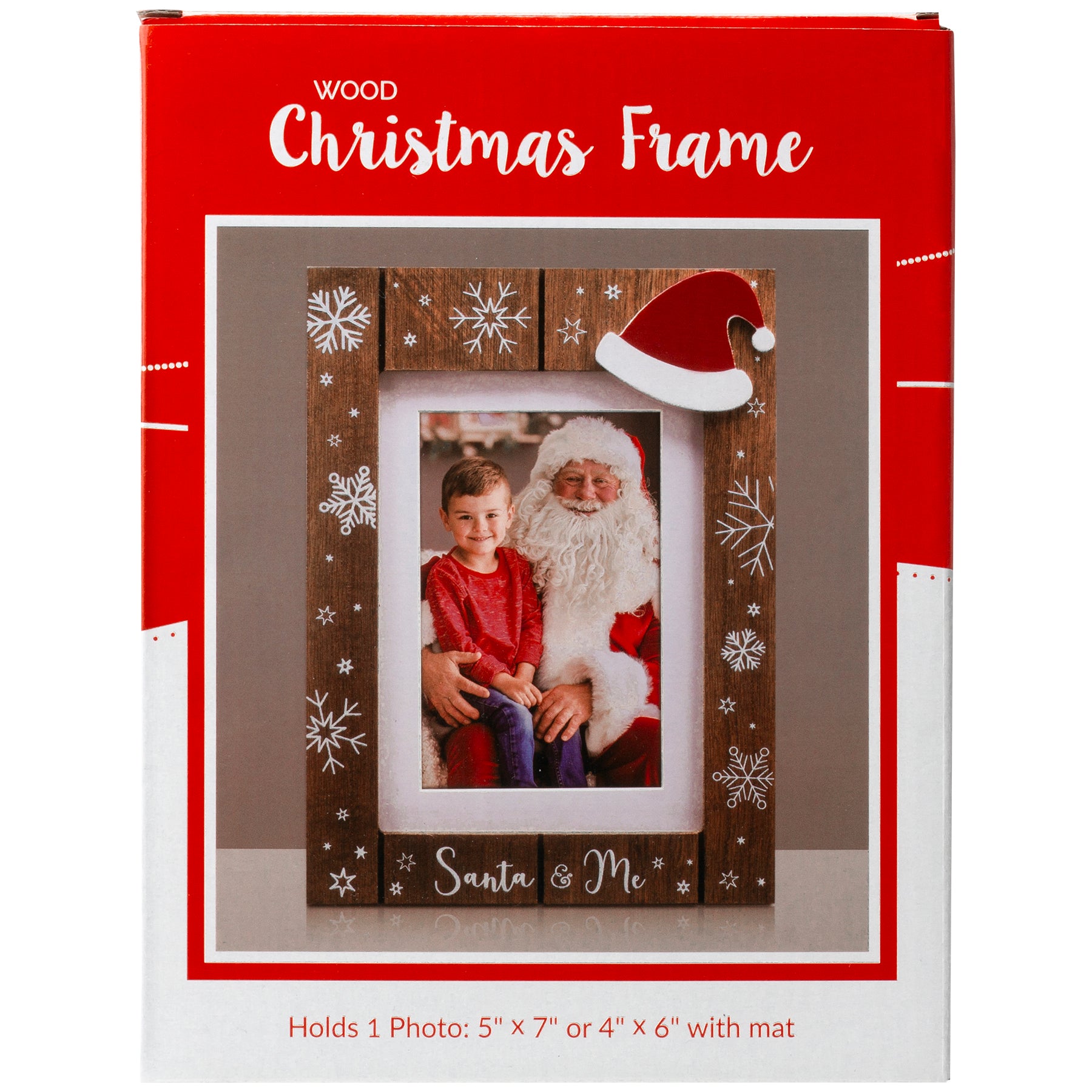 A wooden picture frame with a shiplap design and white snowflakes packaged in a full-color gift box.