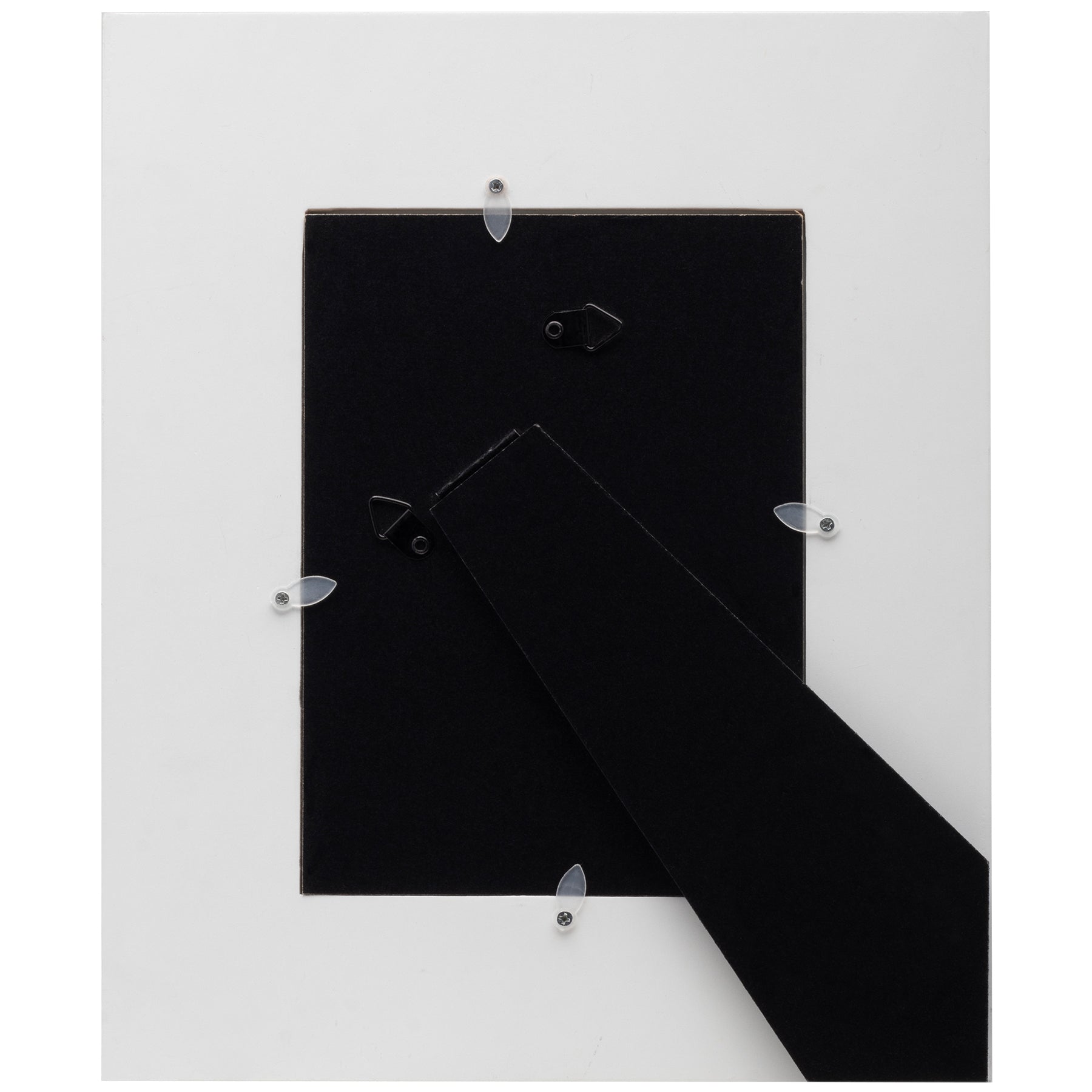 Photo of a white back of a wooden picture frame showing the black easel for tabletop display.