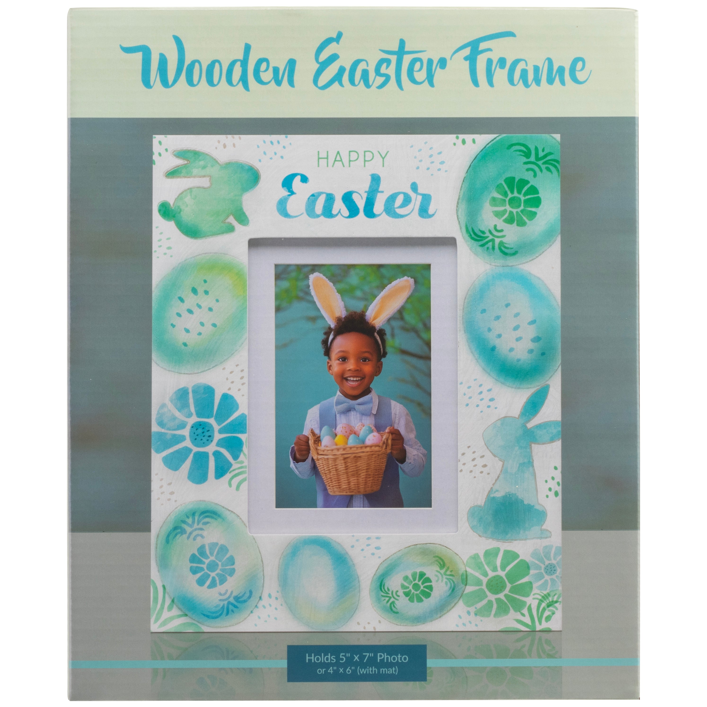 A wooden spring/Easter picture frame shown in its full-color gift box.