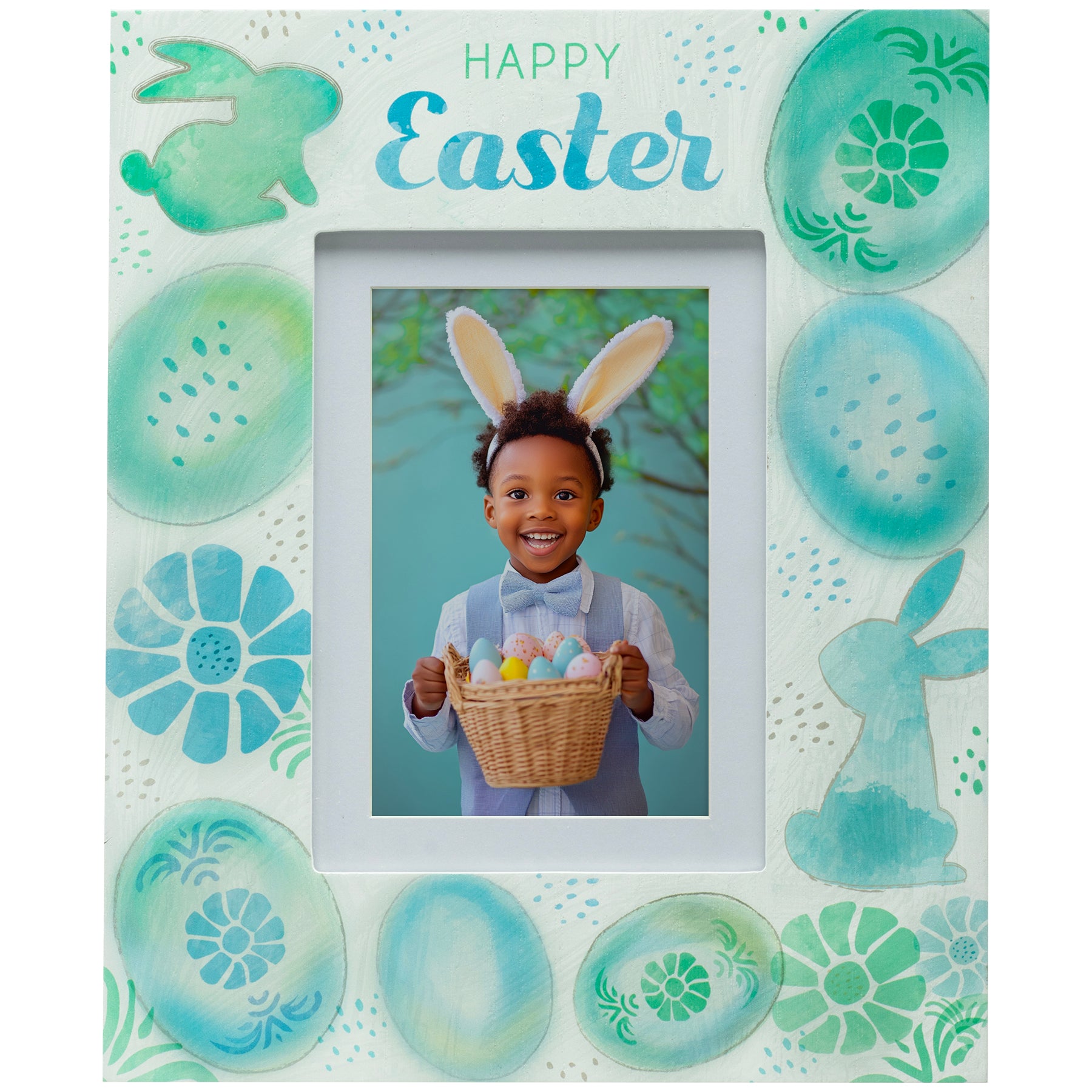 A wooden picture frame with a 'Happy Easter' message, surrounded by floral and egg designs in a blue, green, teal color.