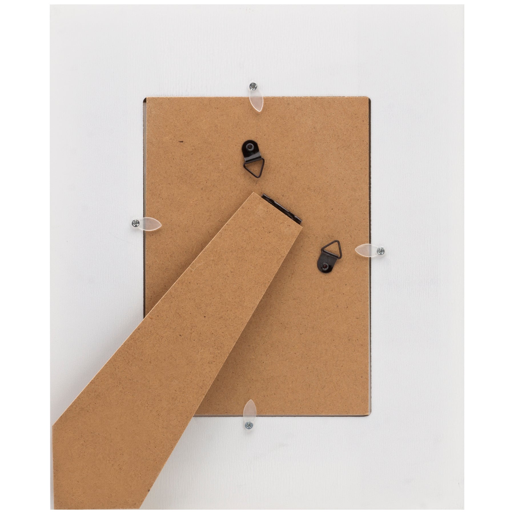 The back side of a rustic wooden picture frame showcasing an easel for tabletop display, and triangle hooks to mount on the wall.