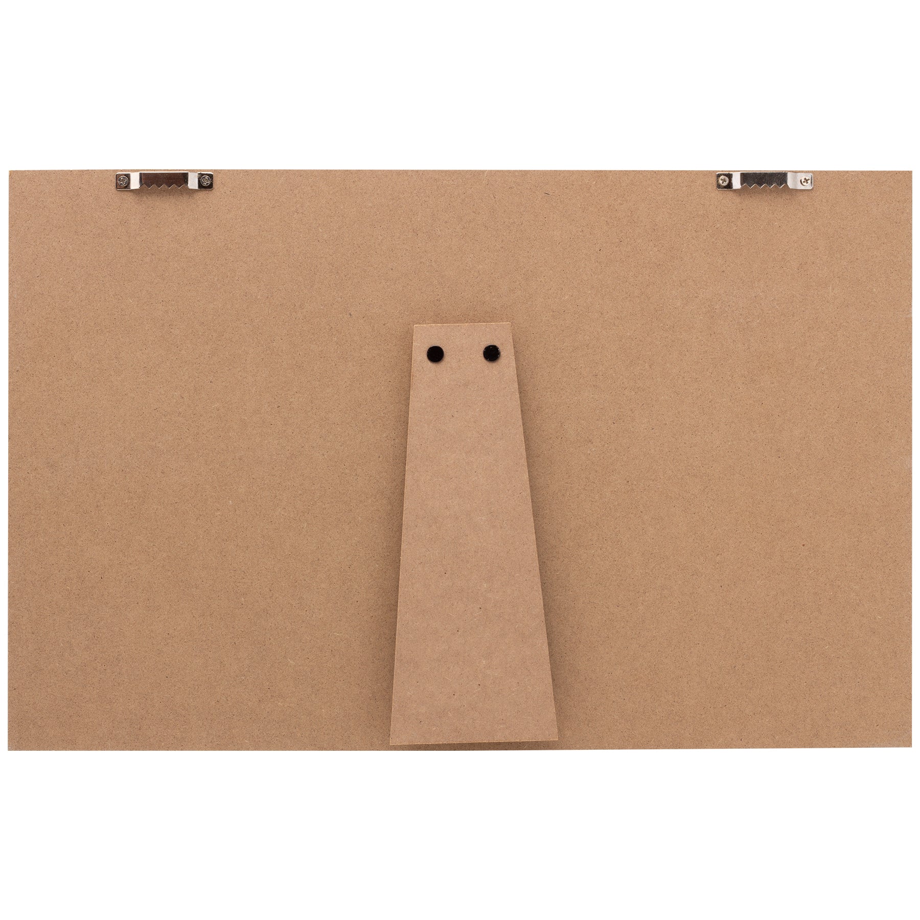 The back side of a wooden clipboard picture frame showcasing an easel for tabletop display as well as claw hooks to hang on the wall.