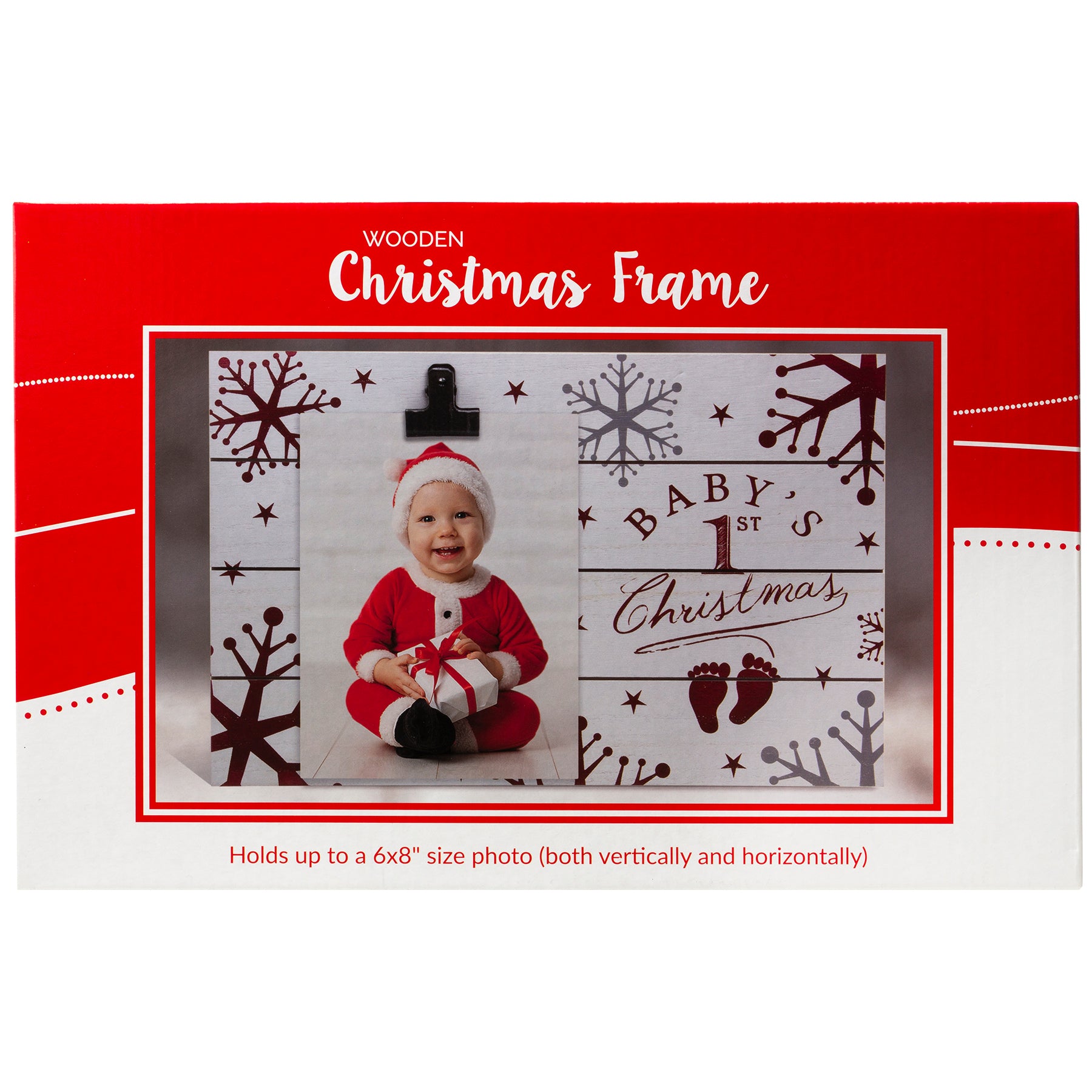 A wooden clipboard picture frame with a Christmas theme, featuring the text 'Baby's 1st Christmas' in full-color packaging.