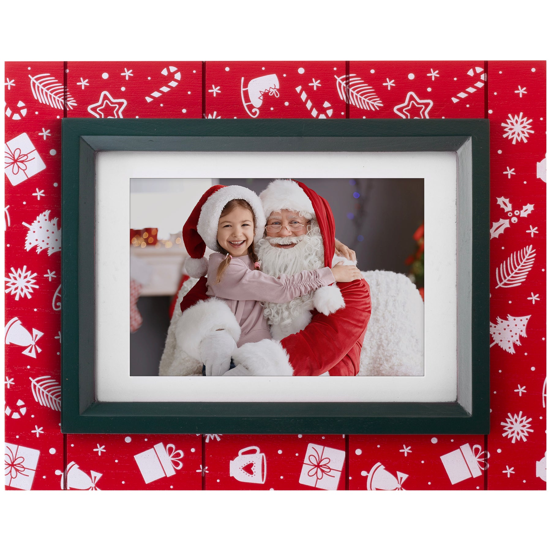 A red wood picture frame with black trim, with white stenciled decorations such as ice skates, presents, candy canes, and more.