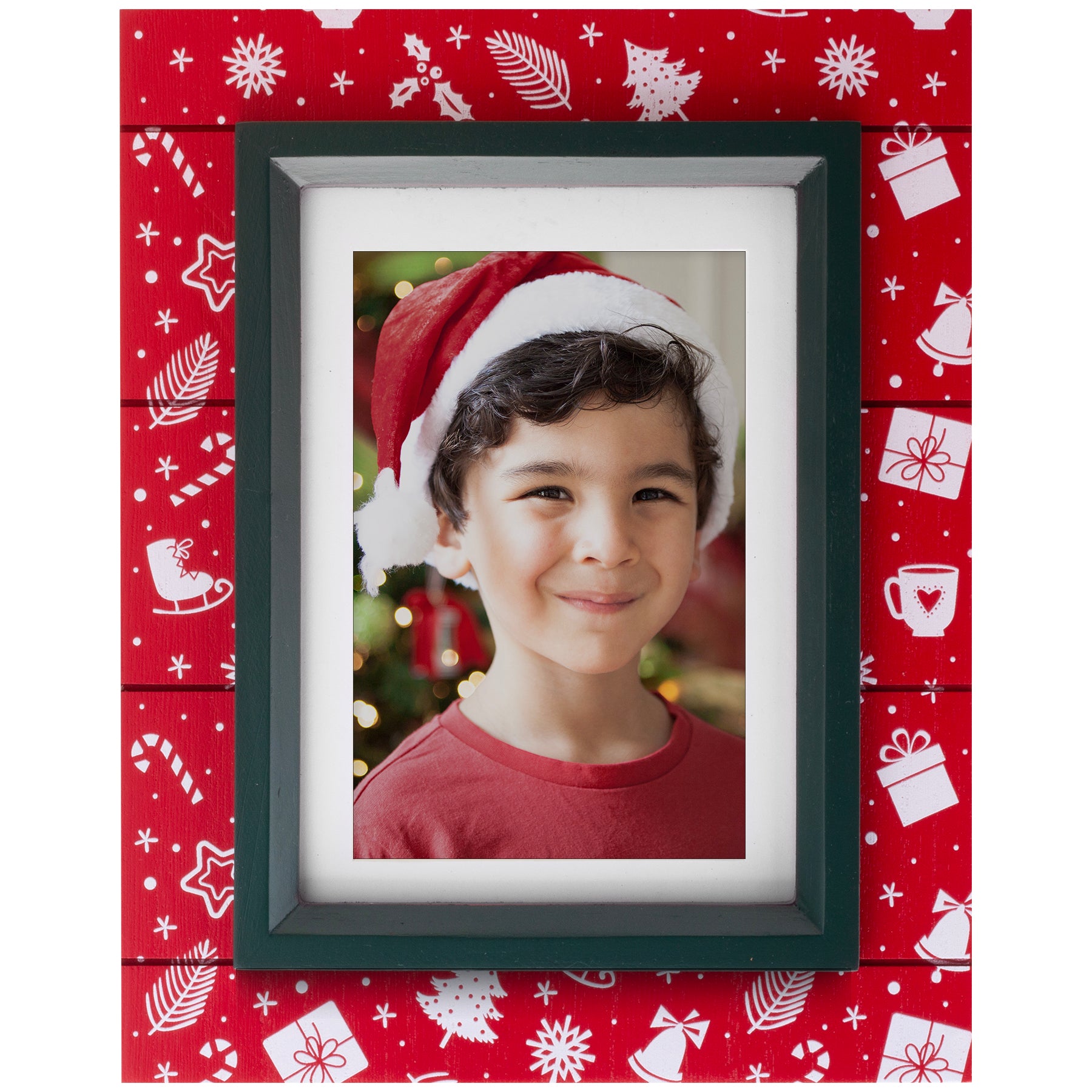 A red wood picture frame with black trim, and white stenciled designs such as presents, bells, ice skates, and more.