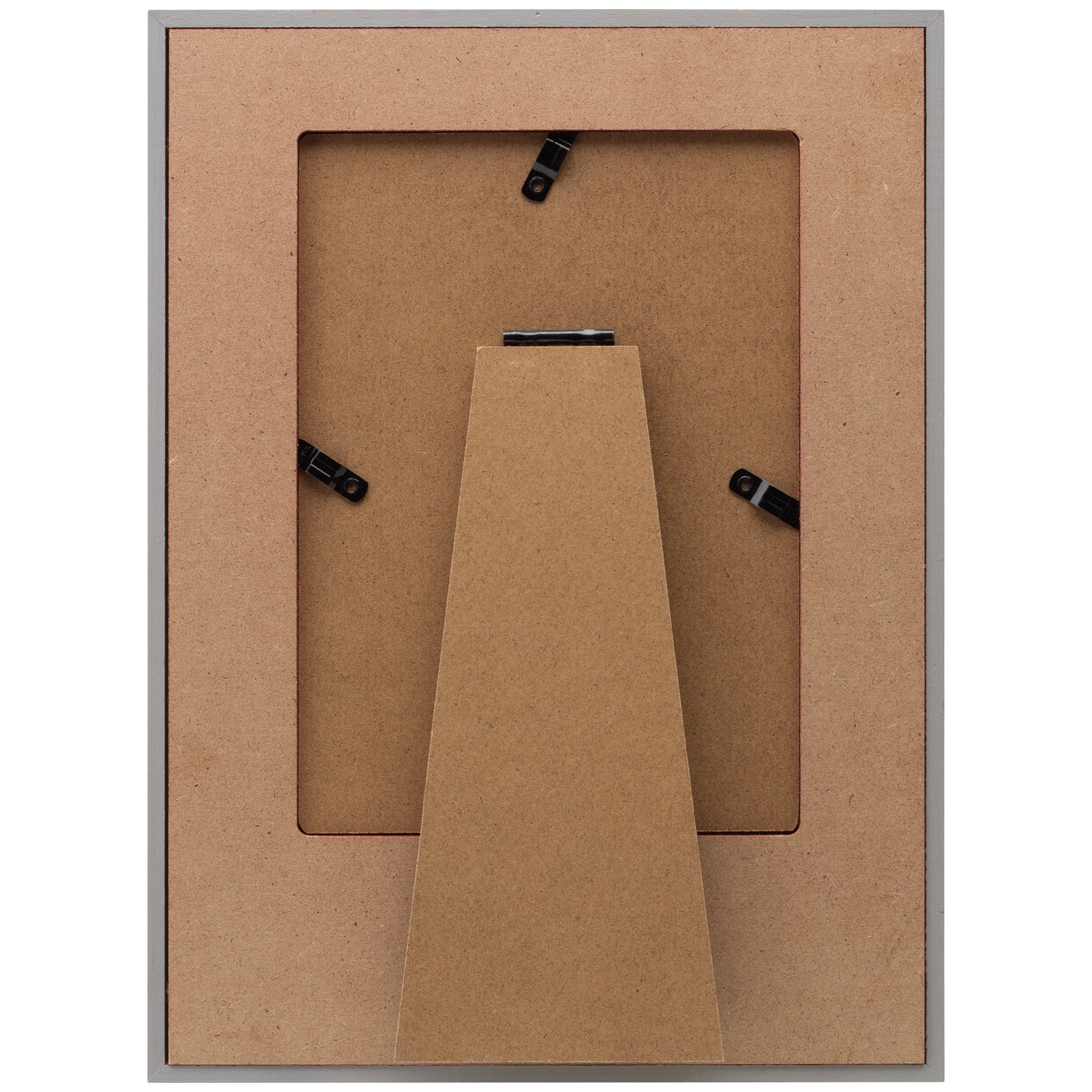 The back side of a wooden picture frame showing a wooden easel for tabletop display.