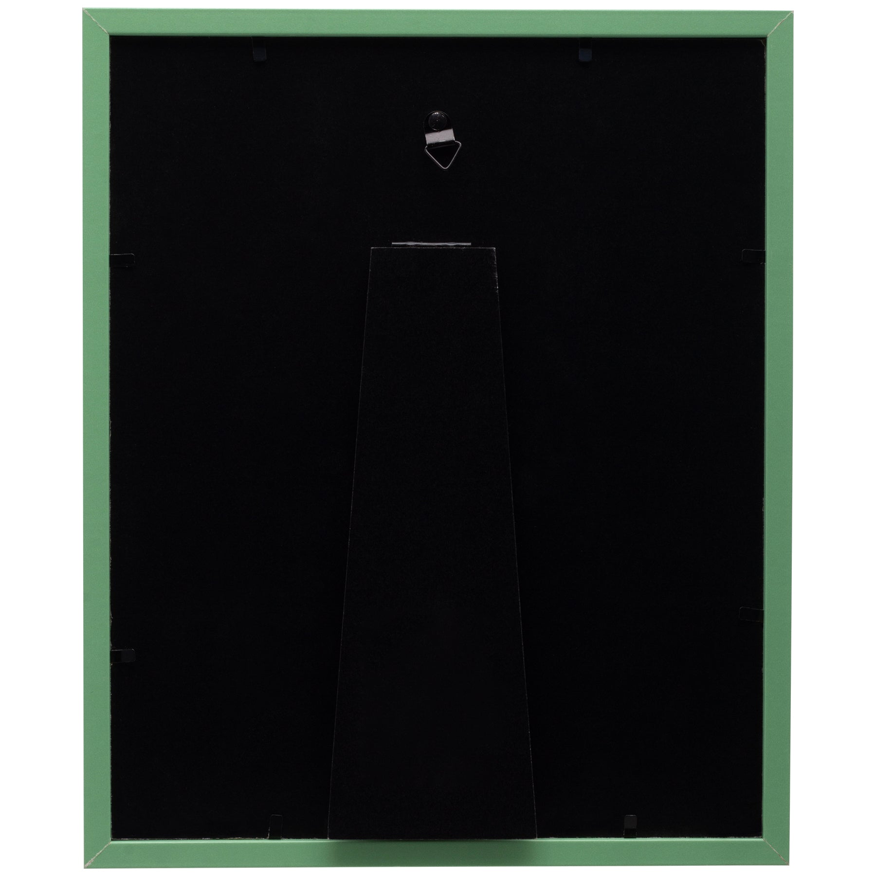 This is a photo of the back of a green Christmas picture frame, showing a black easel for tabletop display, and a triangle hook to hang on the wall.
