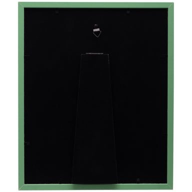 This is a photo of the back of a green Christmas picture frame, showing a black easel for tabletop display, and a triangle hook to hang on the wall.
