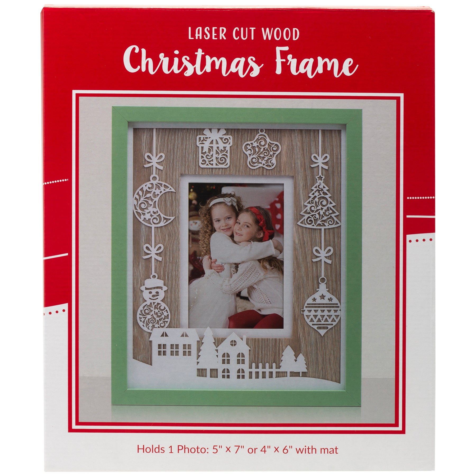 A photo of a green Christmas picture frame with white laser cut designs of ornaments, and trees, secured in a full-color gift box.